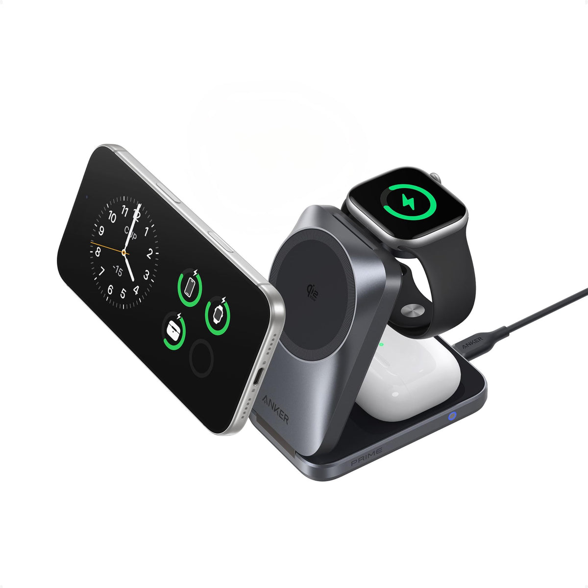 Anker Prime 3‑in‑1 Wireless Charger, Qi2‑Certified 25W, MagSafe‑Compatible