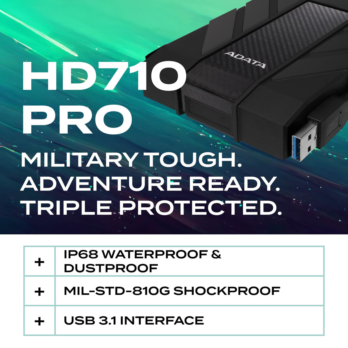 ADATA HD710 Pro 1TB USB 3.1 IP68 Waterproof/Shockproof/Dustproof Ruggedized External Hard Drive, Black (AHD710P-1TU31-CBK)