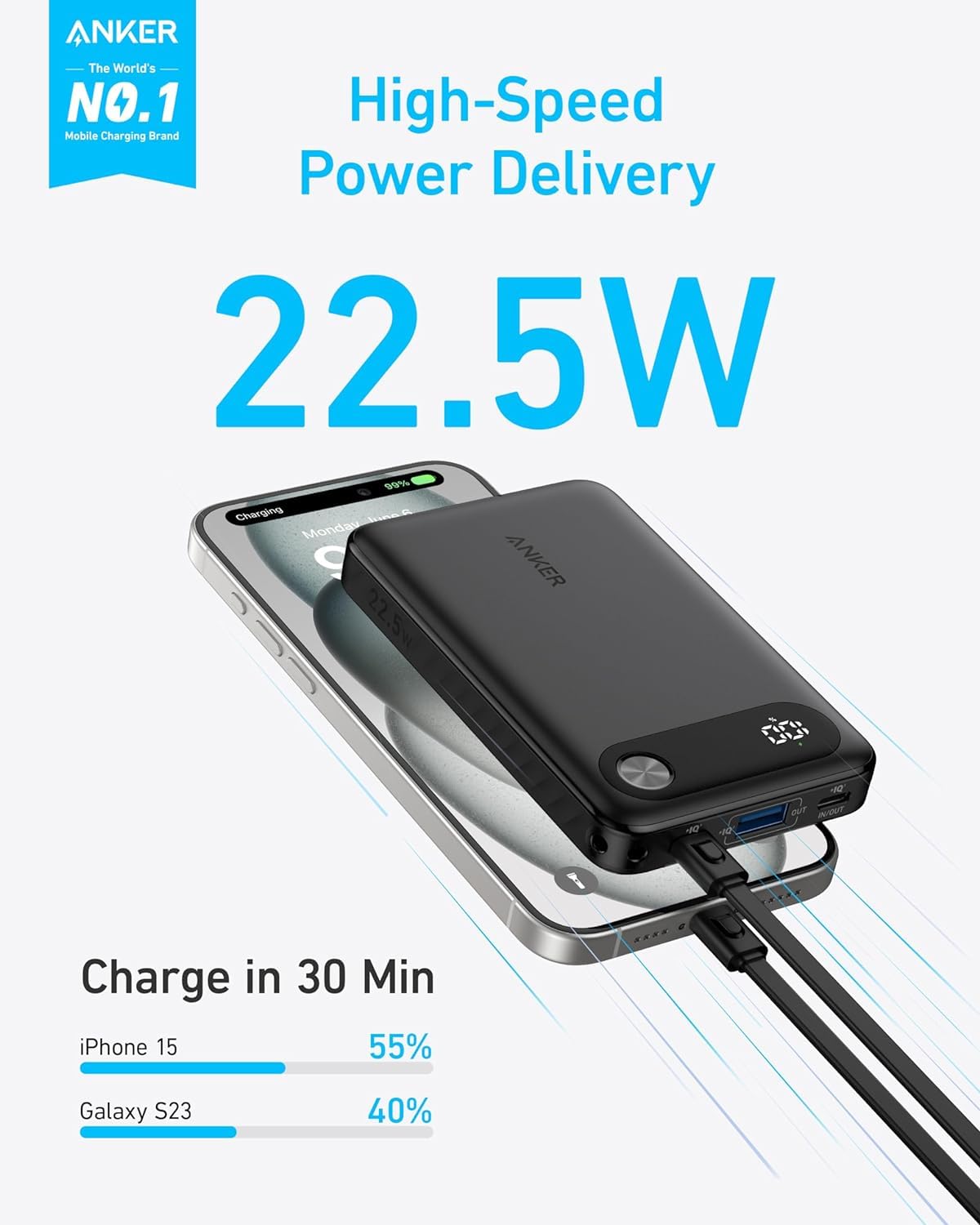 Anker Power Bank Powercore 10000mAh 22.5W Portable Charger with USB C Lanyard Cable A1388