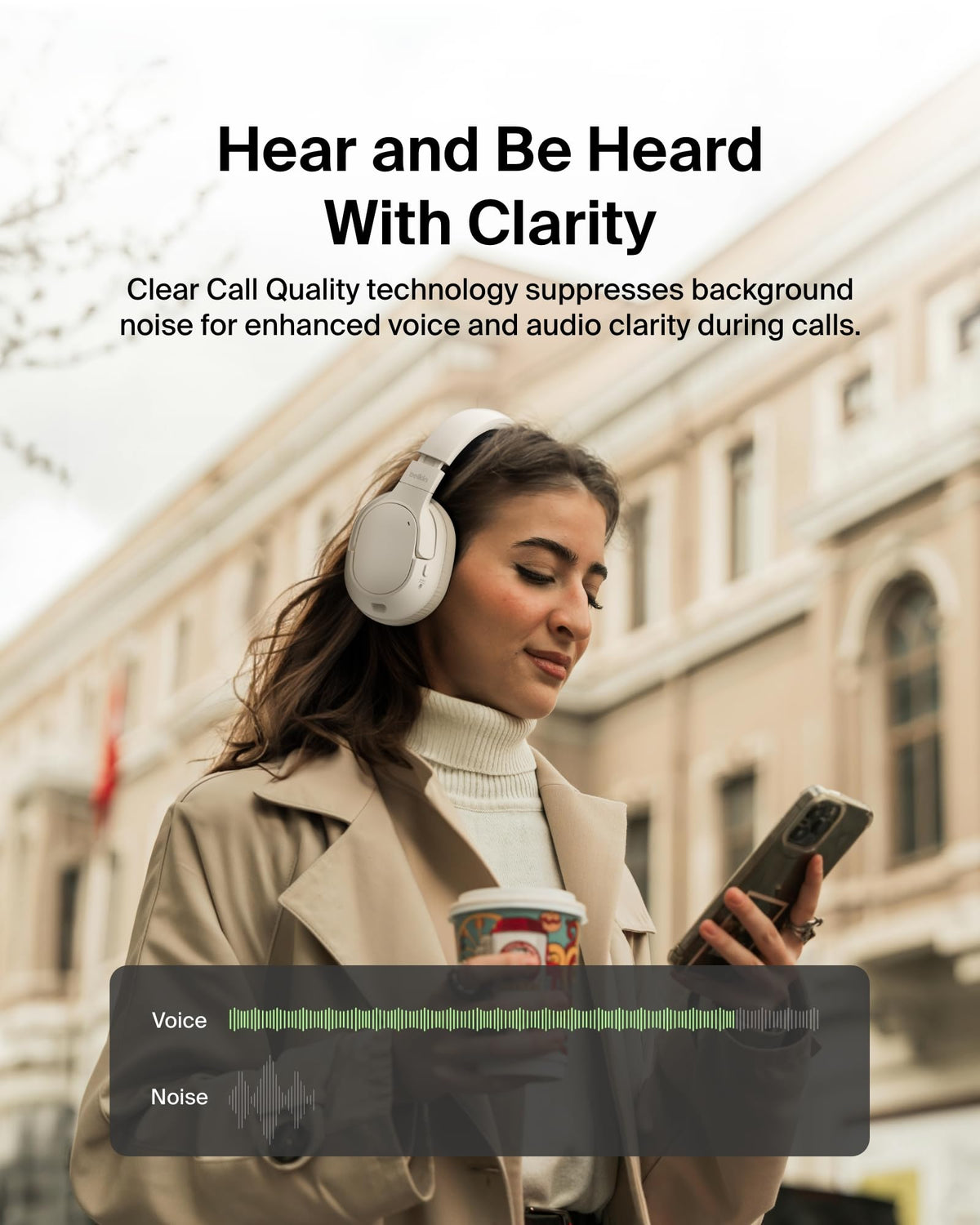 Belkin SoundForm Isolate Noise-Cancelling Wireless Headphones, over ear headphones with mic, Bluetooth headphones with 60H playtime, deep bass, CloudCushion ear cups for travel, home, office - Beige