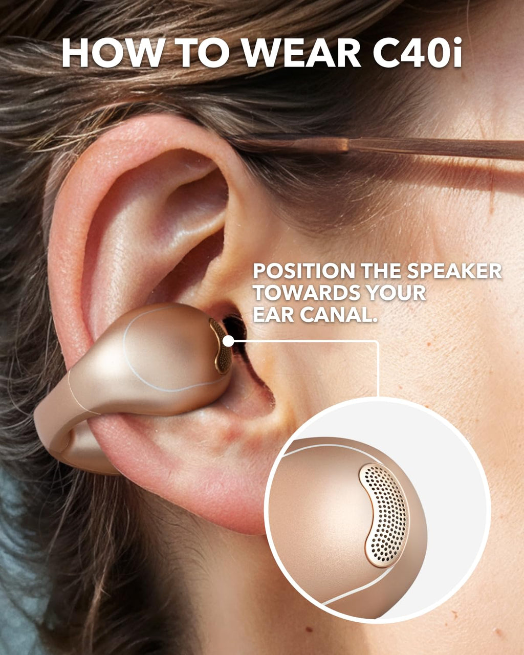 soundcore C40i by Anker, Open-Ear Earbuds, Clip-On Headphones, Flexible Joint Design, Button Controls, Lightweight Comfort, Stable Fit with Attachable Ear Grips, Expansive Drivers for Clear Sound