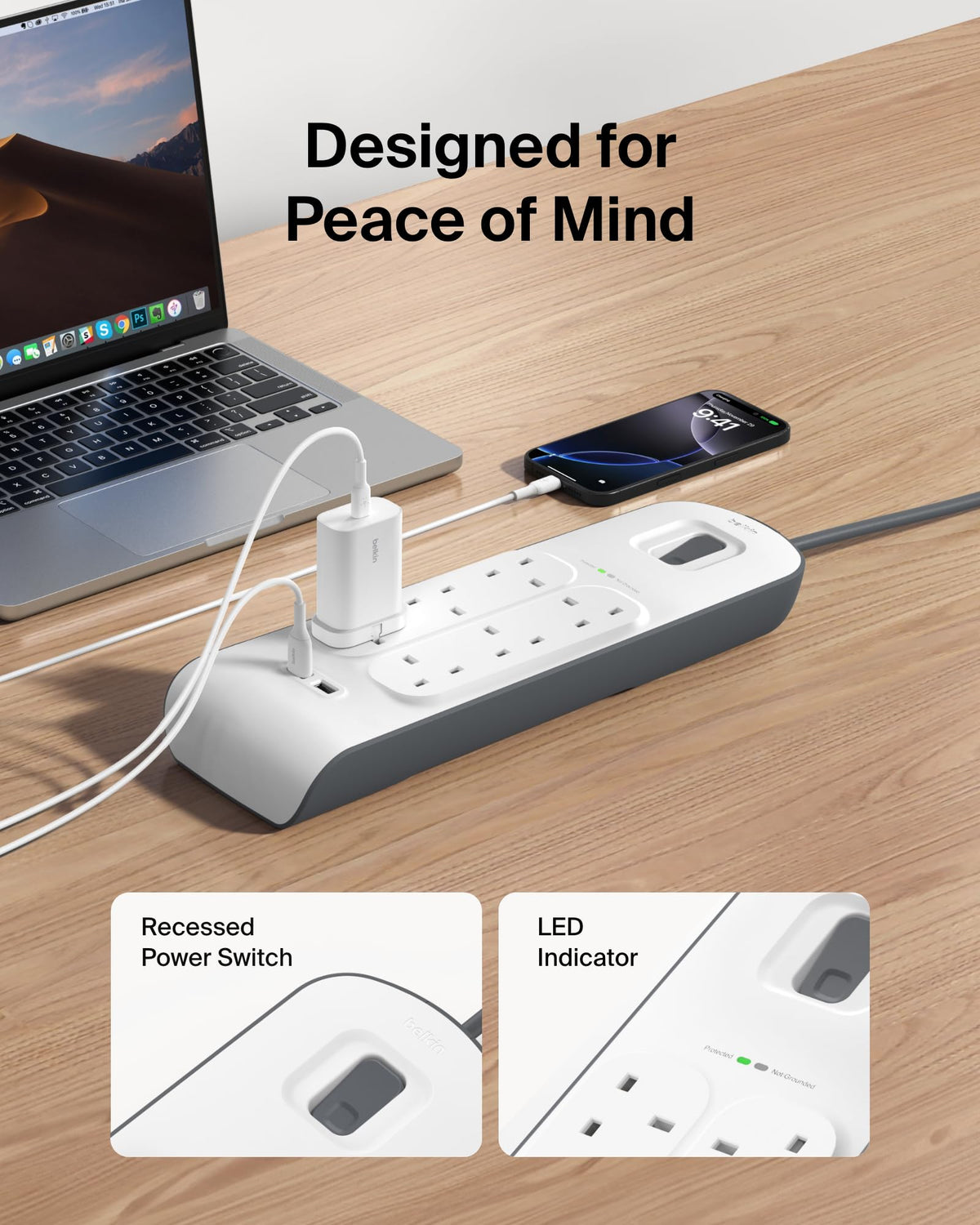 Belkin Extension Lead with USB Slots x 2 (2.4 A Shared), 6 Way/6 Plug Extension, 2m Surge Protected Power Strip - White