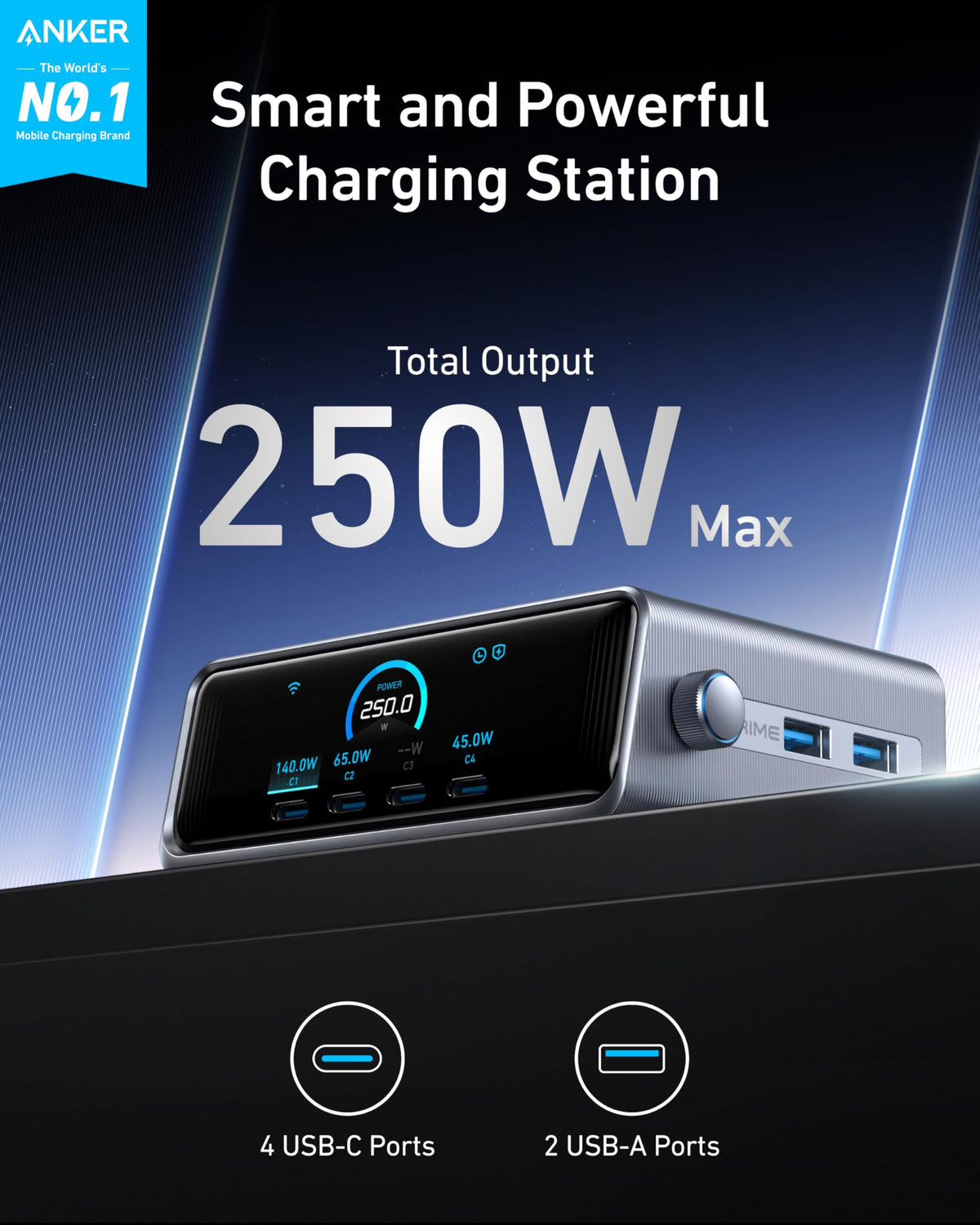 Anker Prime Charging Station, 250W 6-Port GaN USB C Charger