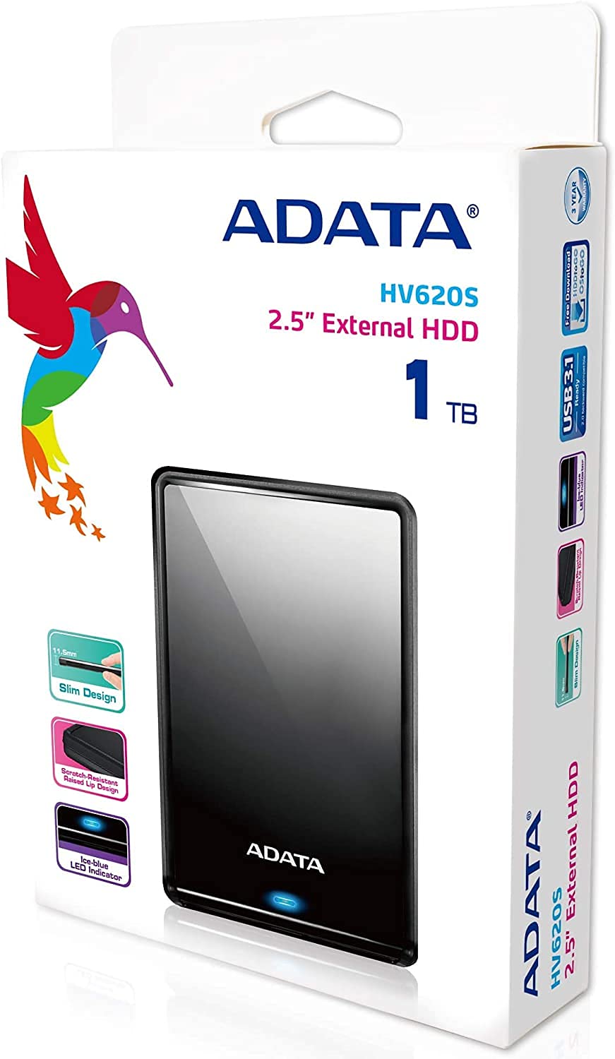 ADATA HV620S 1TB, Slim External Hard Drive, 2.5", USB 3.2 Gen1, 11.5mm Thick, Black - AHV620S-1TU3-CBK (work with PS5/XBOX)