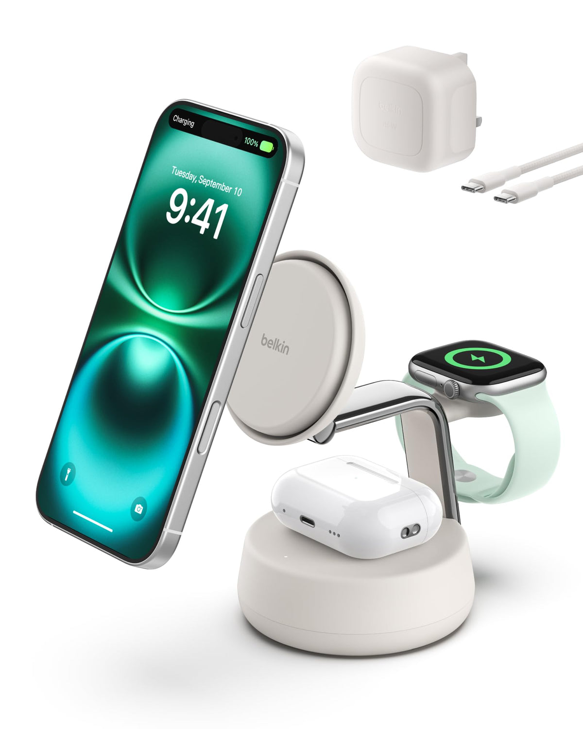Belkin UltraCharge Pro 25W 3 in 1 Wireless Charging Station, Qi2.2 - Sand