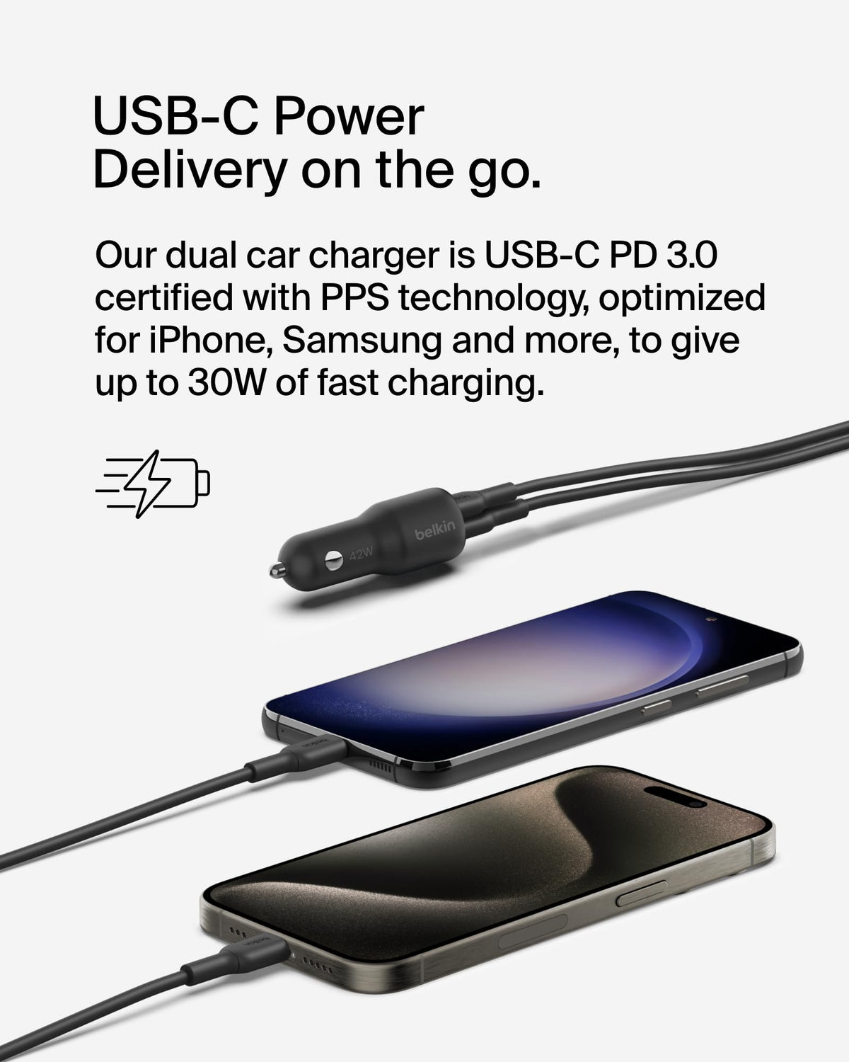 Belkin BoostCharge Dual Car Charger 42W w/Fast Charge USB-C 30W PPS & 12W USB-A Ports for Apple iPhone 16/16 Pro/16 Plus/16 Pro Max, iPhone 15, 14, 13, 12 Series, Samsung Galaxy S24, & More - Black