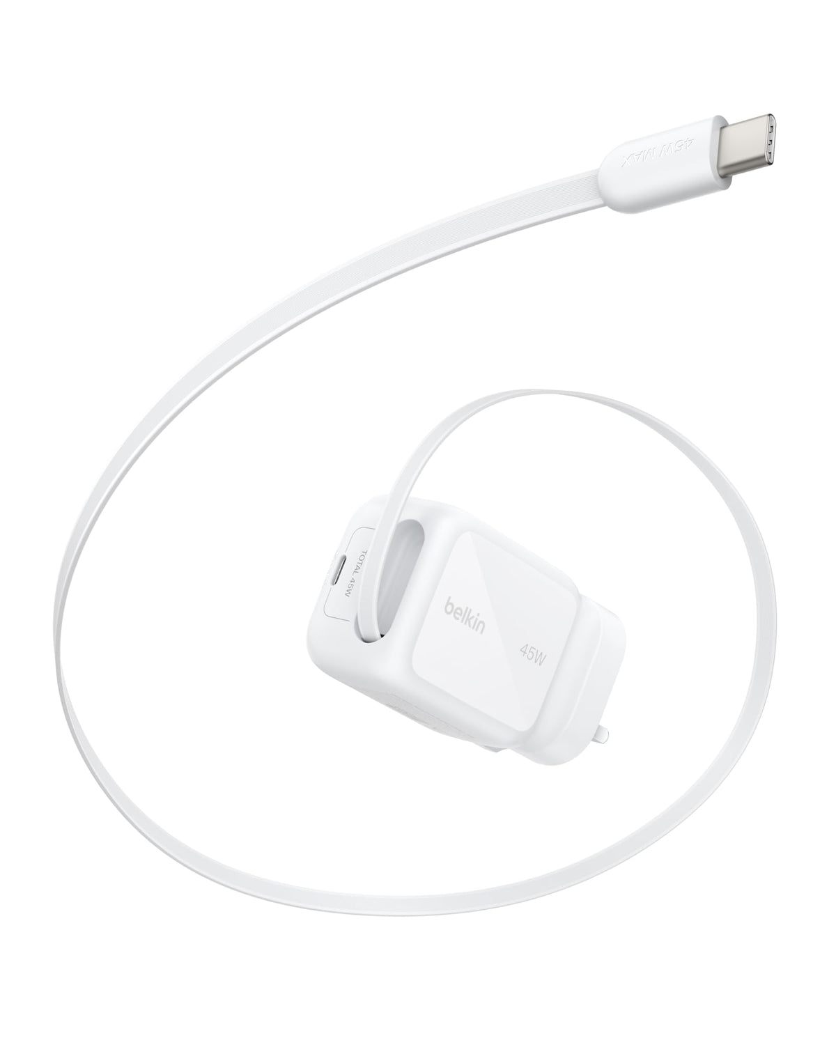 Belkin UltraCharge USB-C Plug Charger 45W with 2.3ft (80cm) Retractable USB C Cable & USB C Port, Fast Charging for iPhone 17 & 16 Series, Galaxy S26 Series, AirPods, Tablet, MacBook, Laptop