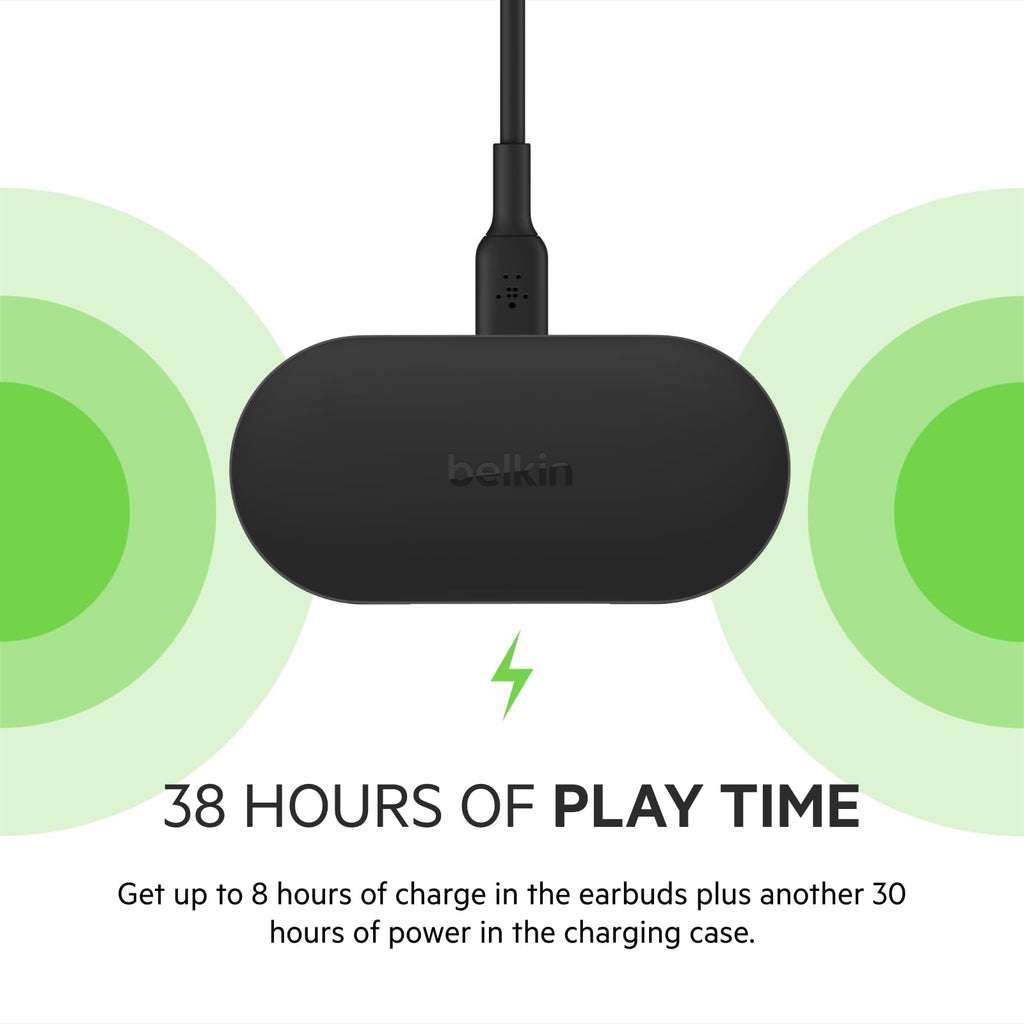 Belkin SOUNDFORM Play True Wireless Earbuds, Wireless Earphones with 3 EQ Presets, IPX5 Sweat and Water Resistant, 38 Hours Play Time for iPhone, Galaxy, Pixel and More - Black