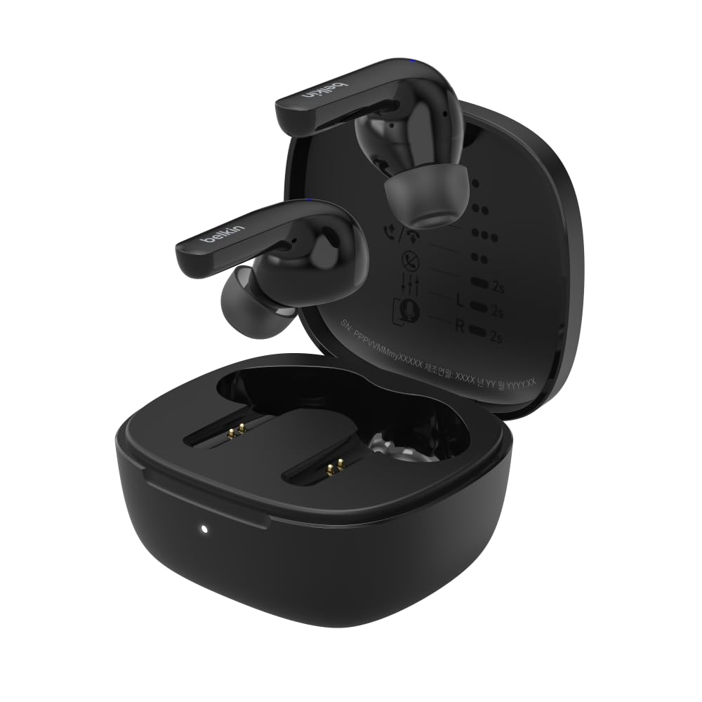 Belkin SoundForm Motion True Wireless Earbuds with Wireless Charging Case & Dual Microphone - IPX5 Water Resistant, Bluetooth Headphones for iPhone 16 & Galaxy 25 - Black