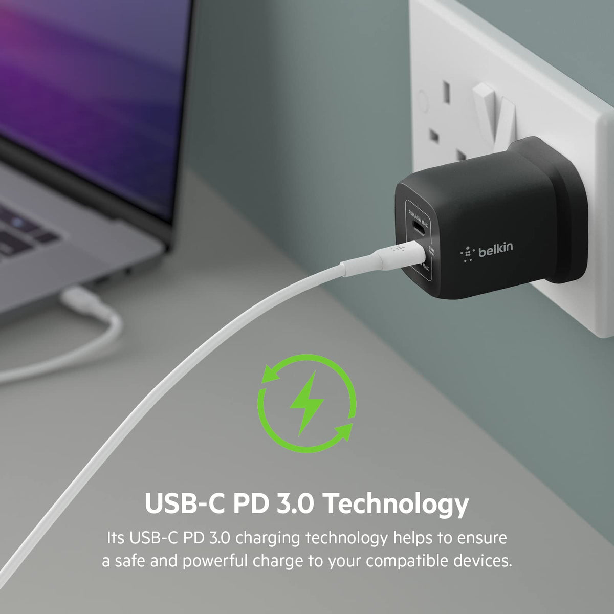 Belkin 65W Dual USB Type C Wall Charger, Fast Charging Power Delivery 3.0 with GaN Technology, USB Plug fast charger for iPhone 17, Air, iPad, MacBook, Samsung Galaxy S25, Pixel and More - Black