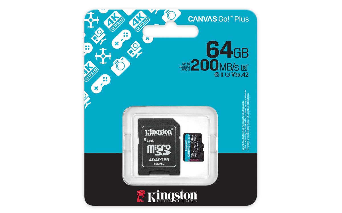 Kingston Canvas Go Plus microSDXC Memory Card Gen4 200MB/s A2 U3 V30 64GB Card + Adapter-SDCG4/64GB