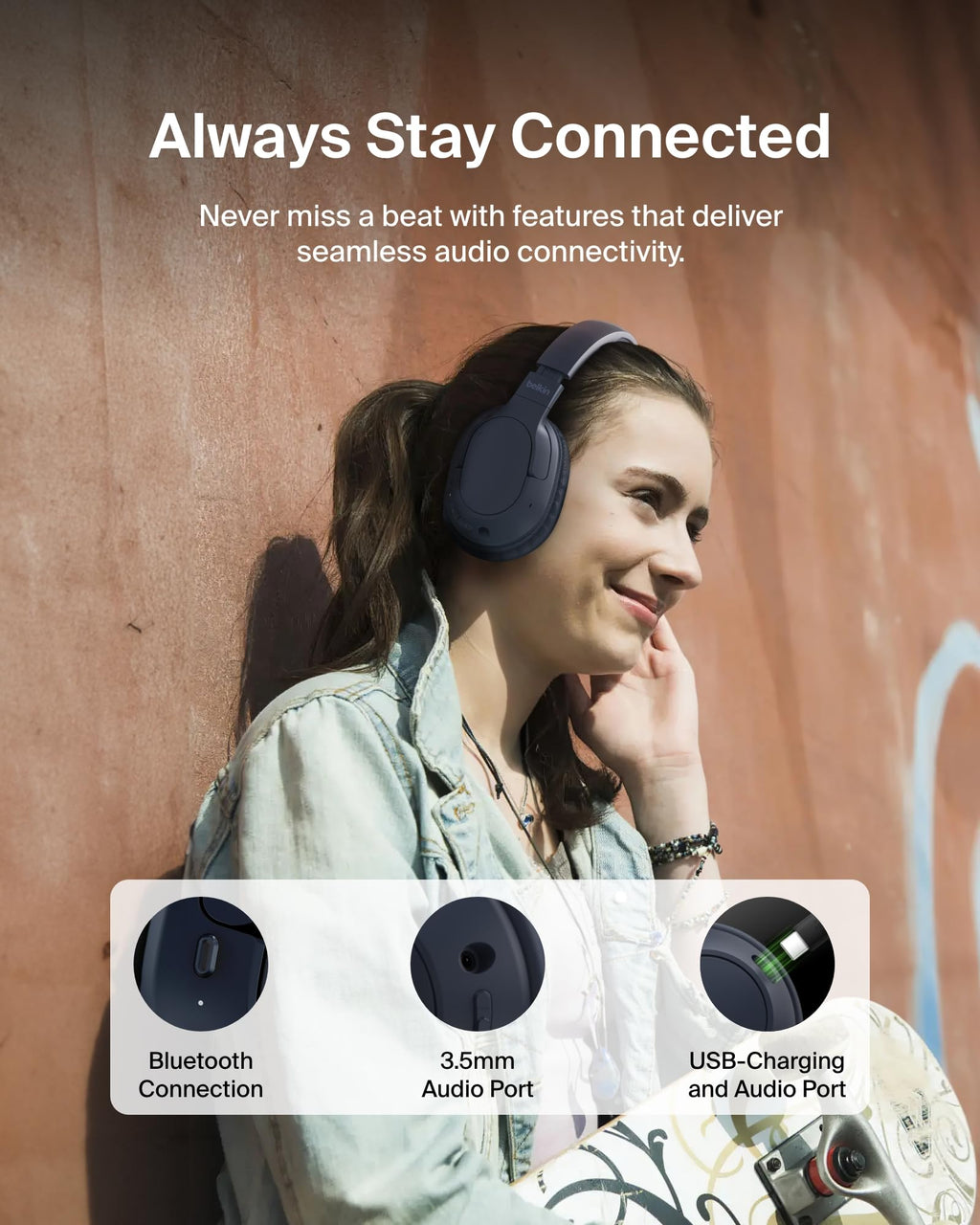 Belkin SoundForm Surround Bluetooth Over-Ear Headphones, Environmental Noise Cancelling Headphones, Wireless with 60H Playtime and Soft Ear Cups for iPhone, Galaxy, iPad, Travel, Home or Office, Blue
