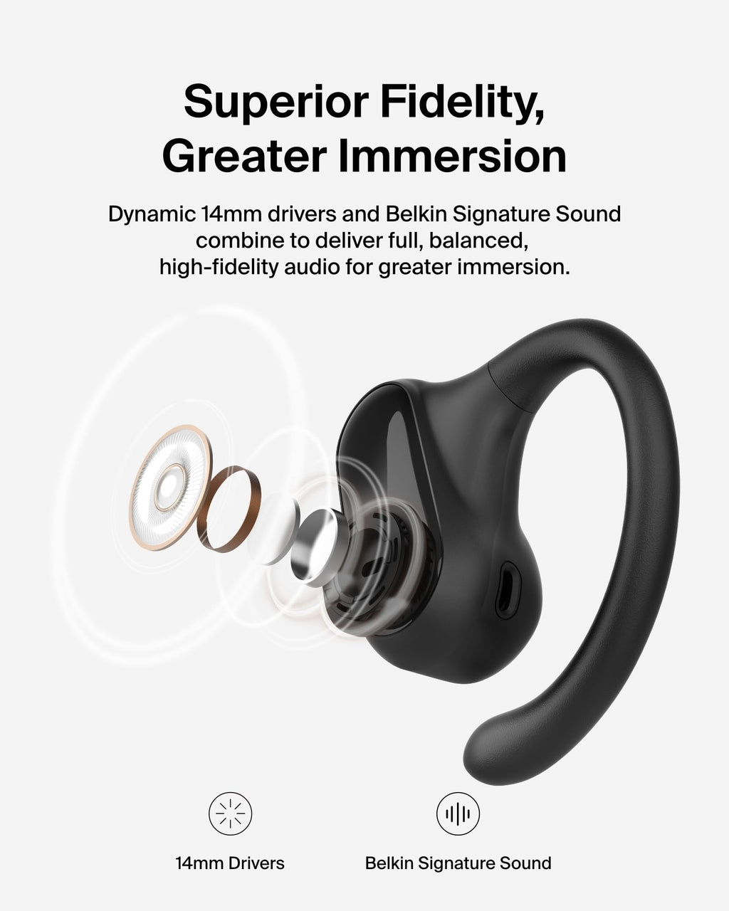 Belkin SoundForm ClearFit Open-Ear Headphones, lightweight wireless earphones with ENC, Bluetooth earbuds with ear hooks, clear calls, 26H playtime, IPX5 running and gym headphones for sports - Black