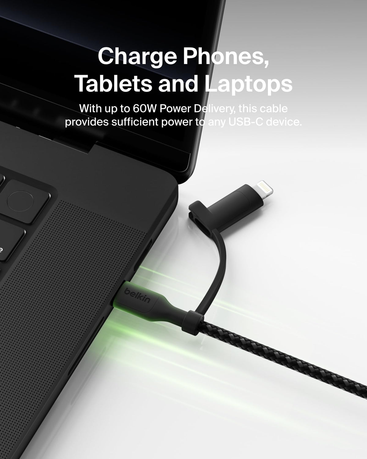Belkin 2-in-1 Charging Cable with USB-C & Lightning Connector - Braided Fast-Charging Cable, USB-C to USB-C & Lightning Charger Cord, Multi-Charging Combo for Apple iPhone, iPad, Samsung, More - Black