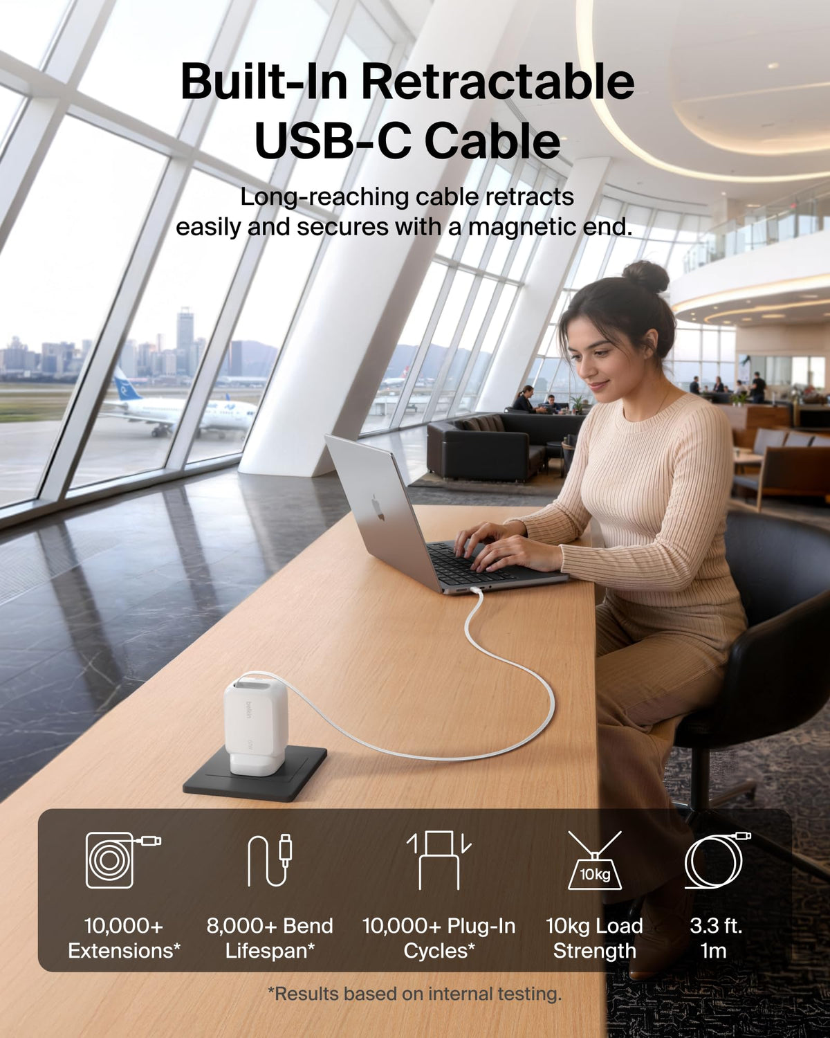 Belkin USB-C Charger Plug 67W with 3.3ft Retractable USB C Cable & USB C Port - GaN iPhone Charger, Fast Charging for iPhone 17 & 16 Series, Galaxy S26 Series, AirPods, Tablet, MacBook, Chromebook