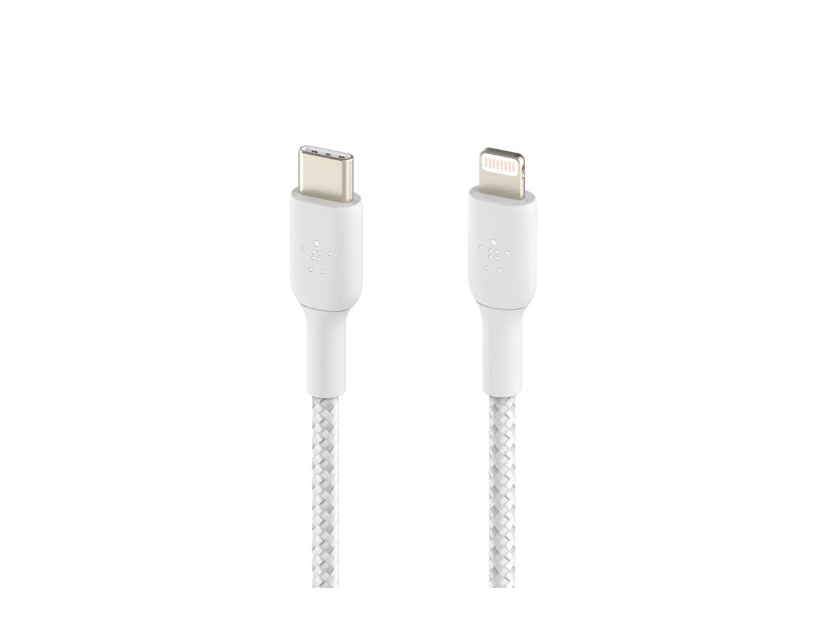 Belkin Braided USB-C to Lightning Cable (iPhone Fast Charging Cable for iPhone 14, 13, 12 or earlier) Boost Charge MFi-Certified iPhone USB-C Cable, White, 1 m