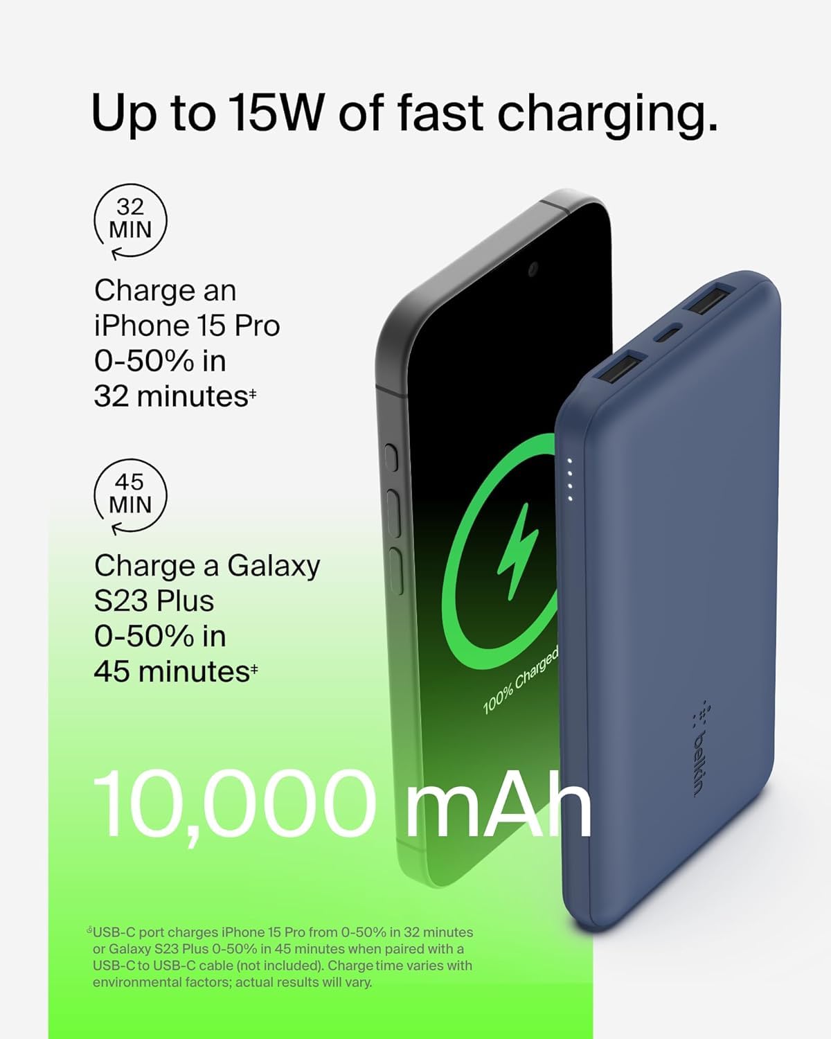 Belkin 10000mAh portable power bank, 10K USB-C portable charger with 1 USB-C port and 2 USB-A ports, battery pack for up to 15W charging for iPhone, Samsung Galaxy, AirPods, iPad, and more - Blue