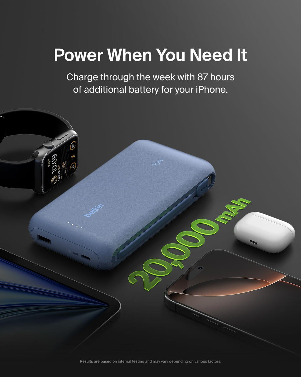 Belkin BoostCharge 20000mAh Power Bank with Integrated USB-C Cable - Blue