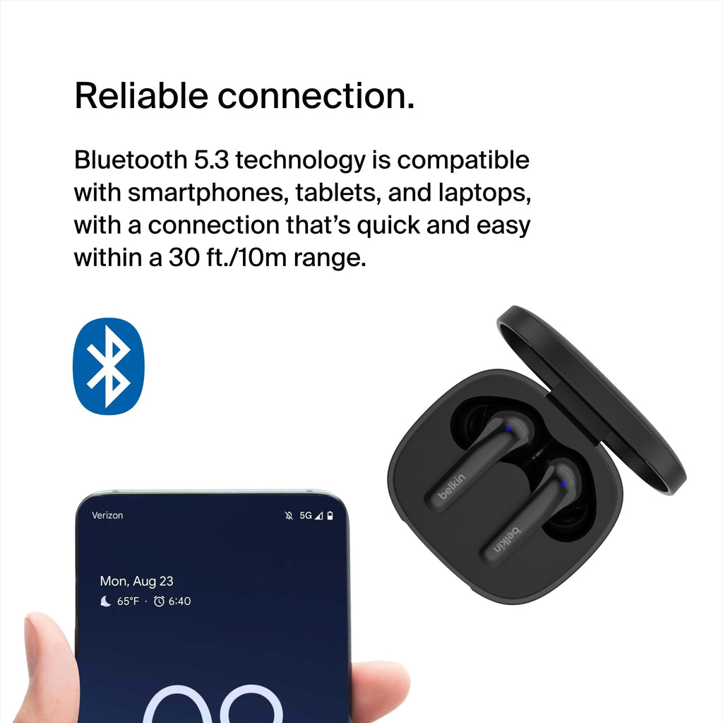 Belkin SoundForm Motion True Wireless Earbuds with Wireless Charging Case & Dual Microphone - IPX5 Water Resistant, Bluetooth Headphones for iPhone 16 & Galaxy 25 - Black