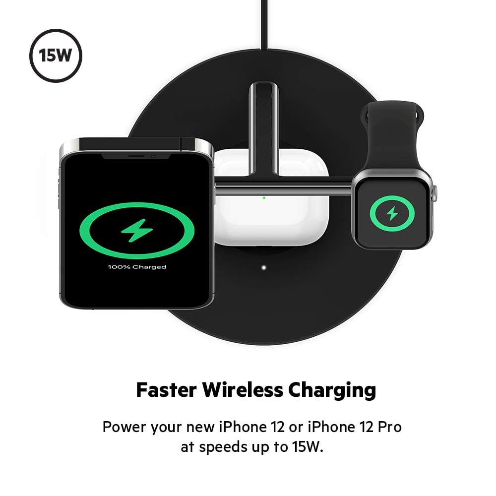 Belkin BoostCharge PRO 3-in-1 Wireless Charger with MagSafe for iPhone 14, iPhone 13, iPhone 12 + Apple Watch + AirPods (Magnetically Charges iPhone Models up to 15W)