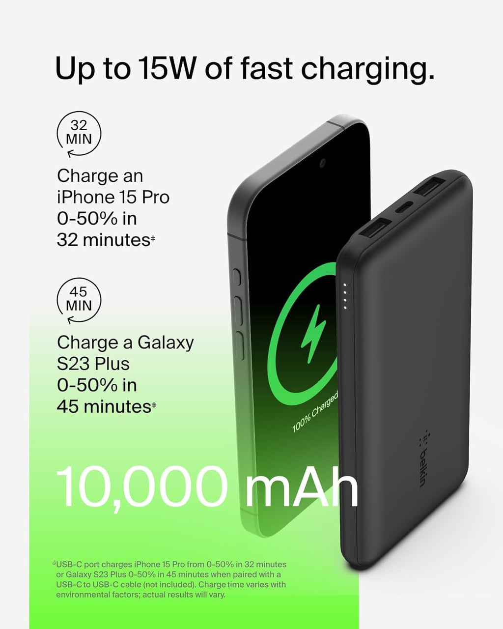 Belkin 10000mAh portable power bank, 10K USB-C portable charger with 1 USB-C port and 2 USB-A ports, battery pack for up to 15W charging for iPhone, Samsung Galaxy, AirPods, iPad, and more - Black