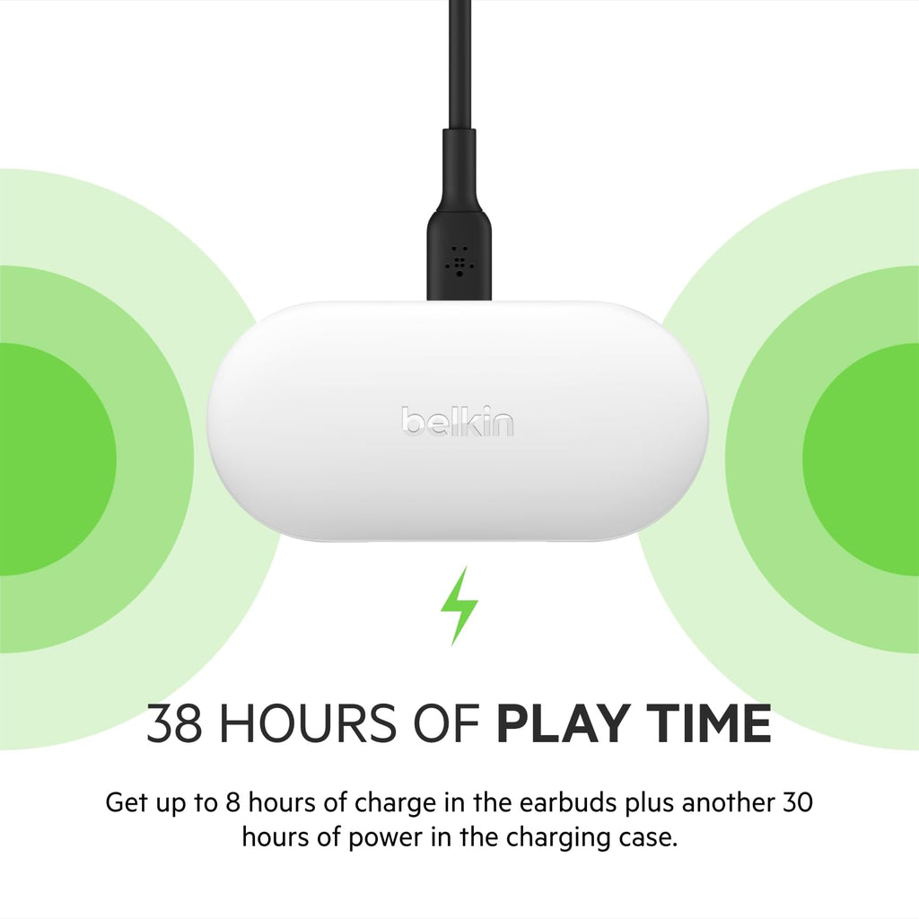 Belkin SOUNDFORM Play True Wireless Earbuds, Wireless Earphones with 3 EQ Presets, IPX5 Sweat and Water Resistant, 38 Hours Play Time for iPhone, Galaxy, Pixel and More - White