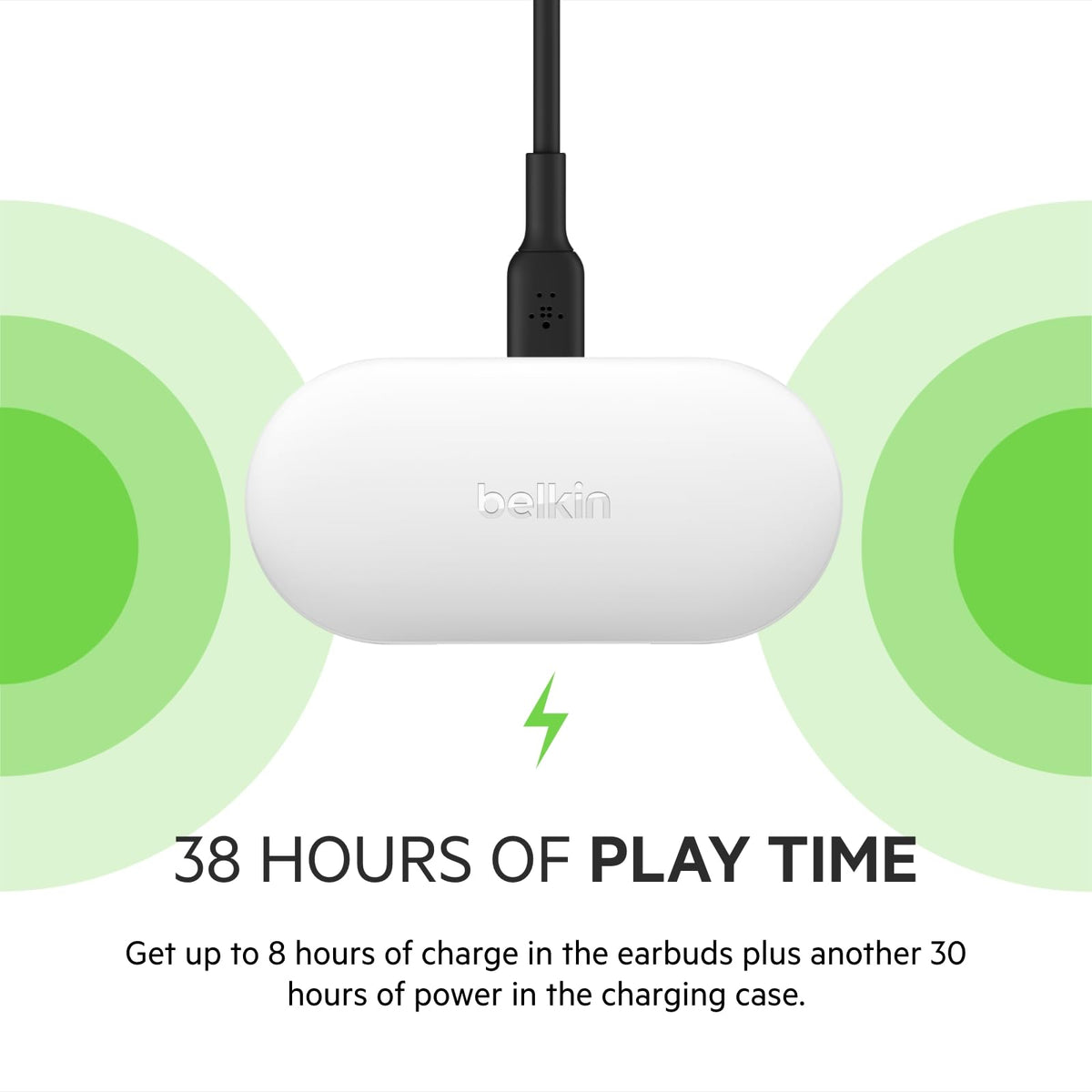 Belkin SOUNDFORM Play True Wireless Earbuds, Wireless Earphones with 3 EQ Presets, IPX5 Sweat and Water Resistant, 38 Hours Play Time for iPhone, Galaxy, Pixel and More - White
