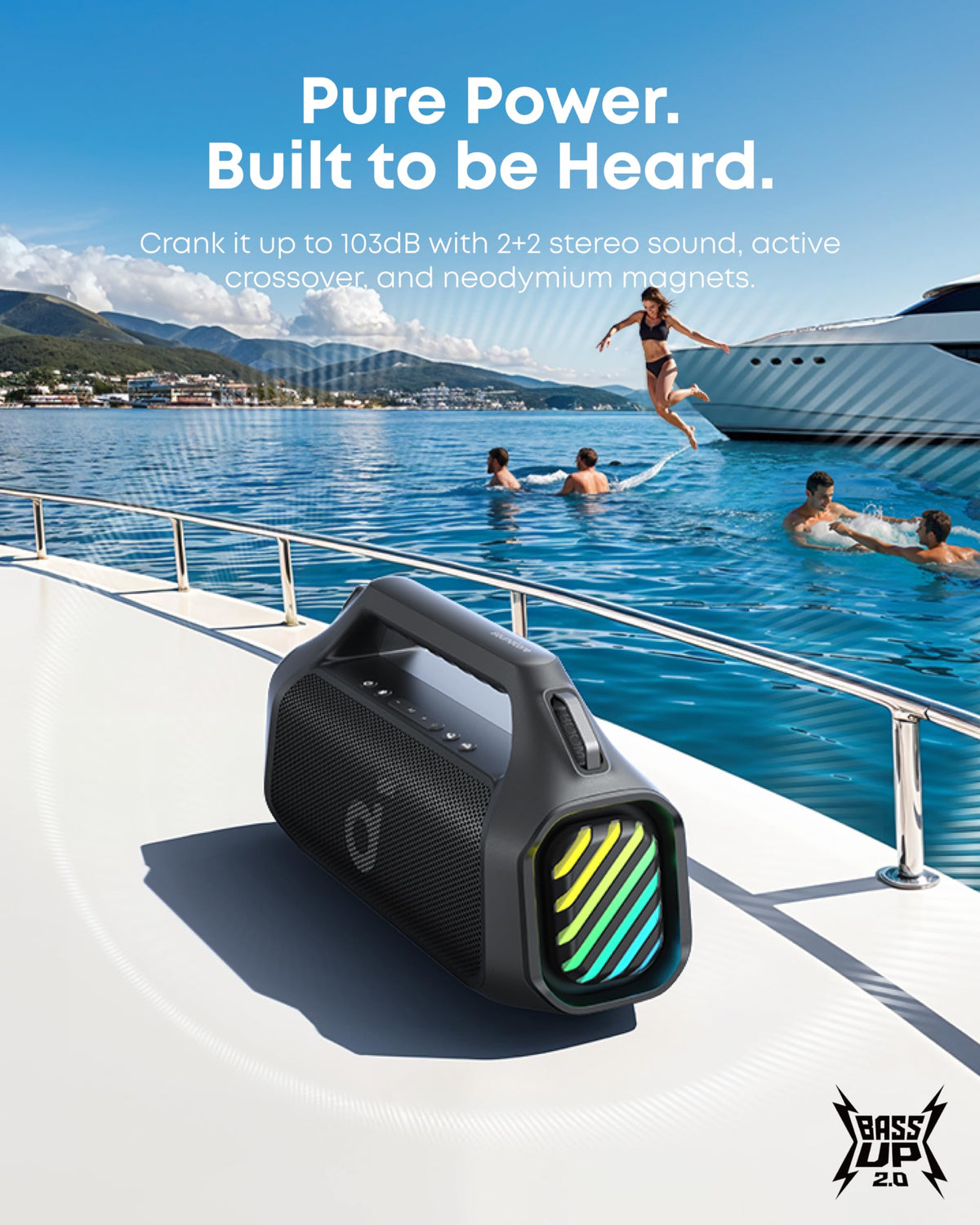 soundcore Boom 2 Pro Outdoor Speaker, 140W 2+2 Channels, BassUp 2.0, 20H Fast Charge, IP68 Dust and Waterproof, RGB Lights, USB-C, Power Bank, BT 5.3, Portable Bluetooth Speaker