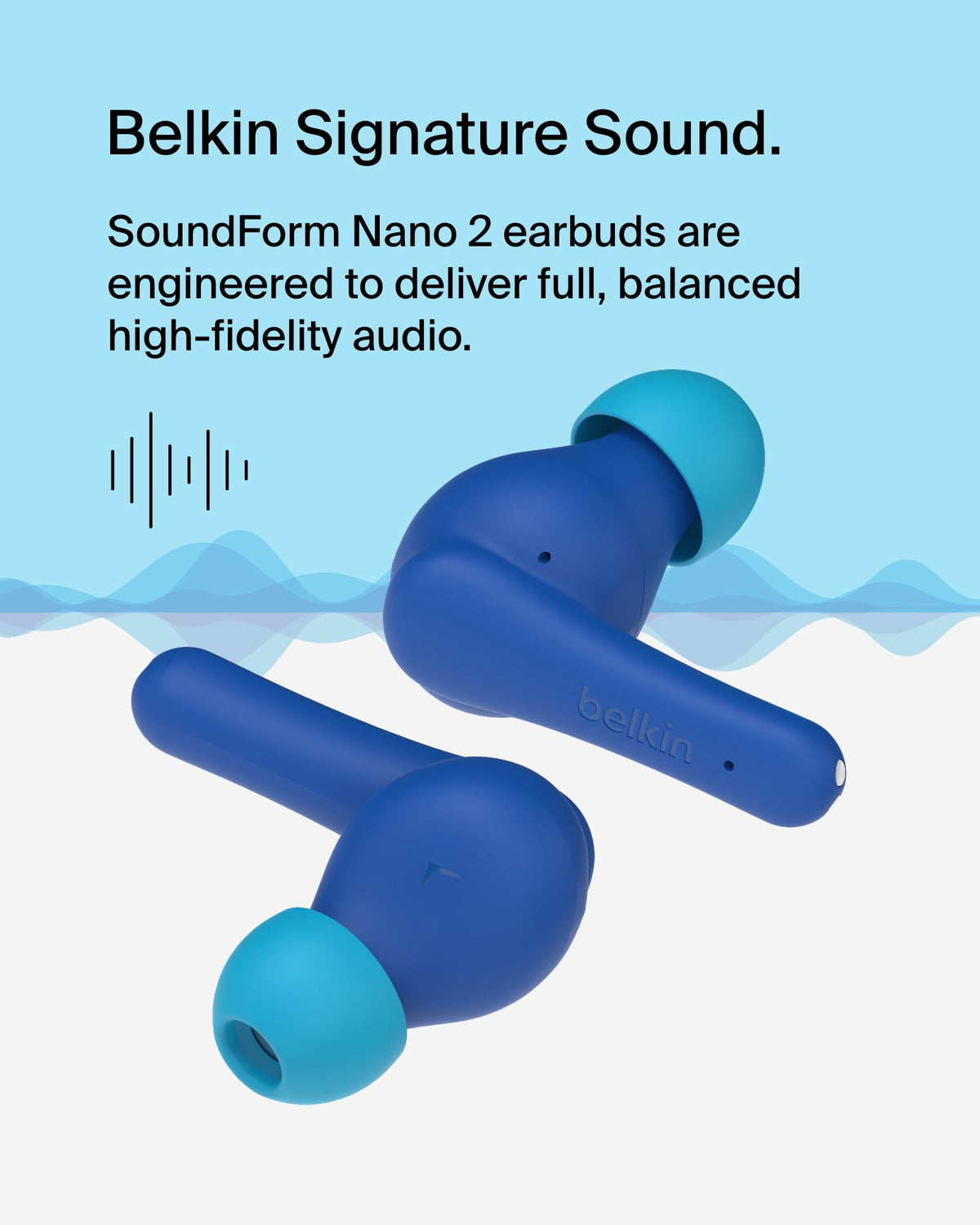 Belkin SoundForm Nano 2 Bluetooth Earbuds for Kids with Built-in Microphone, 28H Battery Life, Safe 85dB Volume, IPX5 Water Resistance - Kids Bluetooth Earbuds for iPhone, iPad, Galaxy, & More - Blue
