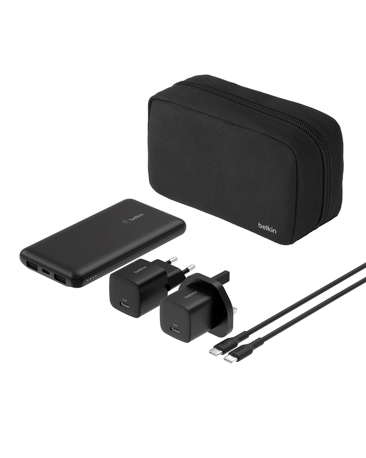 Belkin Portable Charger, 5-in-1 Power Bundle with 10000 mAh Power Bank, 2-25W USB-C Charging Block, EU/UK Plug, 60W USB-C Cable, and Travel Pouch – Fast Charging for Multiple Devices, Compact Design