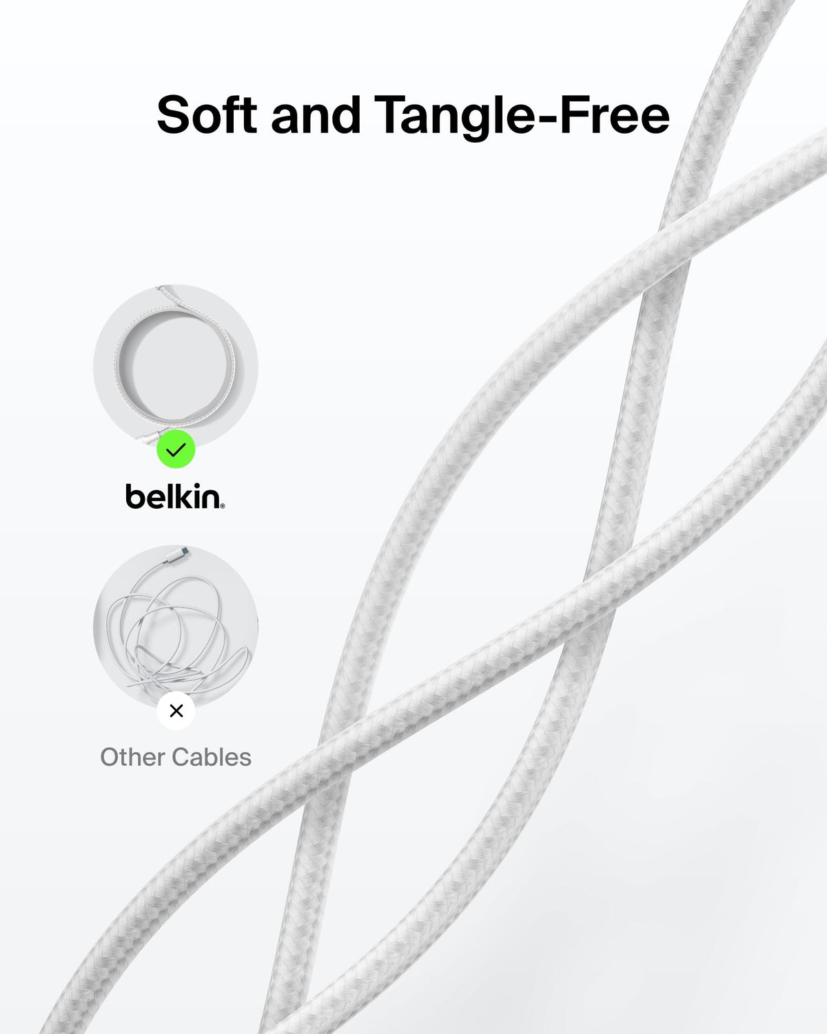 Belkin Eco Braided USB-C to USB-C Cable (1M, 240W) - Soft, Flexible Fast-Charging Cable, Type C Charger Cord for iPhone 16, Galaxy S25, Pixel 9, MacBook, iPad Pro, & More - White (USB 2.0)
