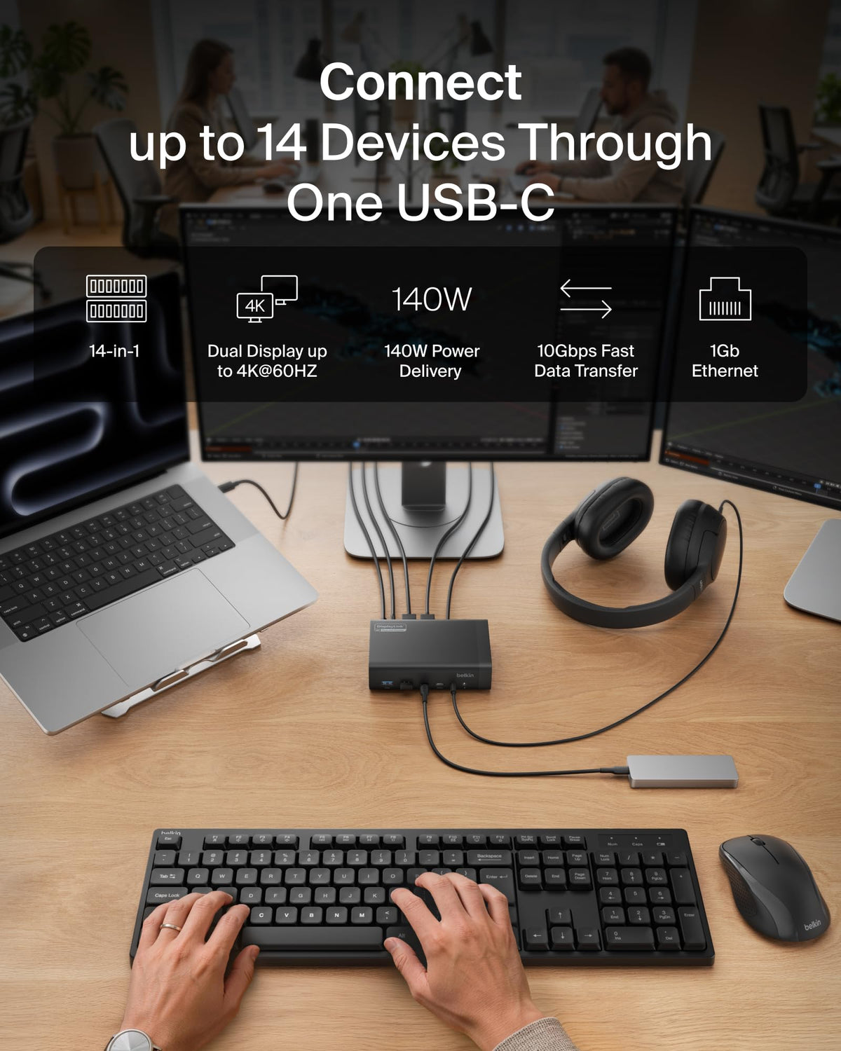 Belkin Connect 14-in-1 Docking Station 140W, Dual Display USB C Dock with 4K@60Hz Support, DisplayLink Technology - USB C Dock with 10Gbps Data Transfer, 1Gb Ethernet Port - Laptop Expansion Hub