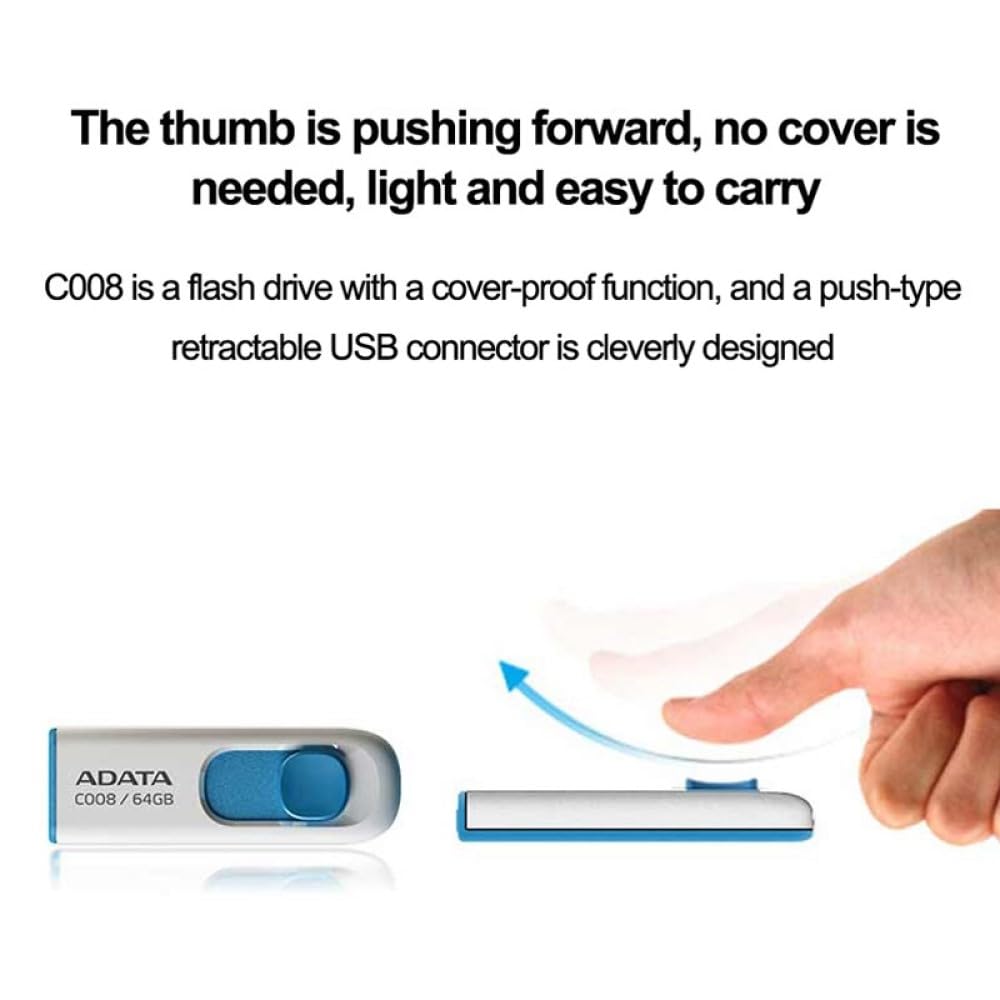 ADATA C008 16GB USB 2.0 Retractable Capless Flash Drive, White/ Blue (AC008-16G-RWE)