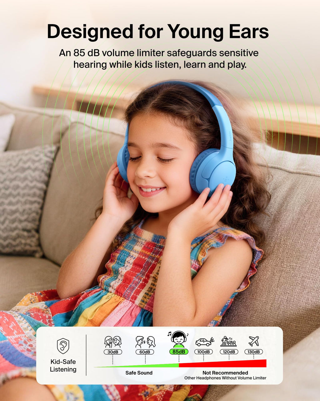 Belkin SoundForm Mini 2 Wireless Headphones for Kids, On-Ear Bluetooth Headphones, 55H Playtime, 85dB Safe Volume Limit, Built-in Microphone, Kids Earphones with Case for iPhone/iPad/Tablet - Blue