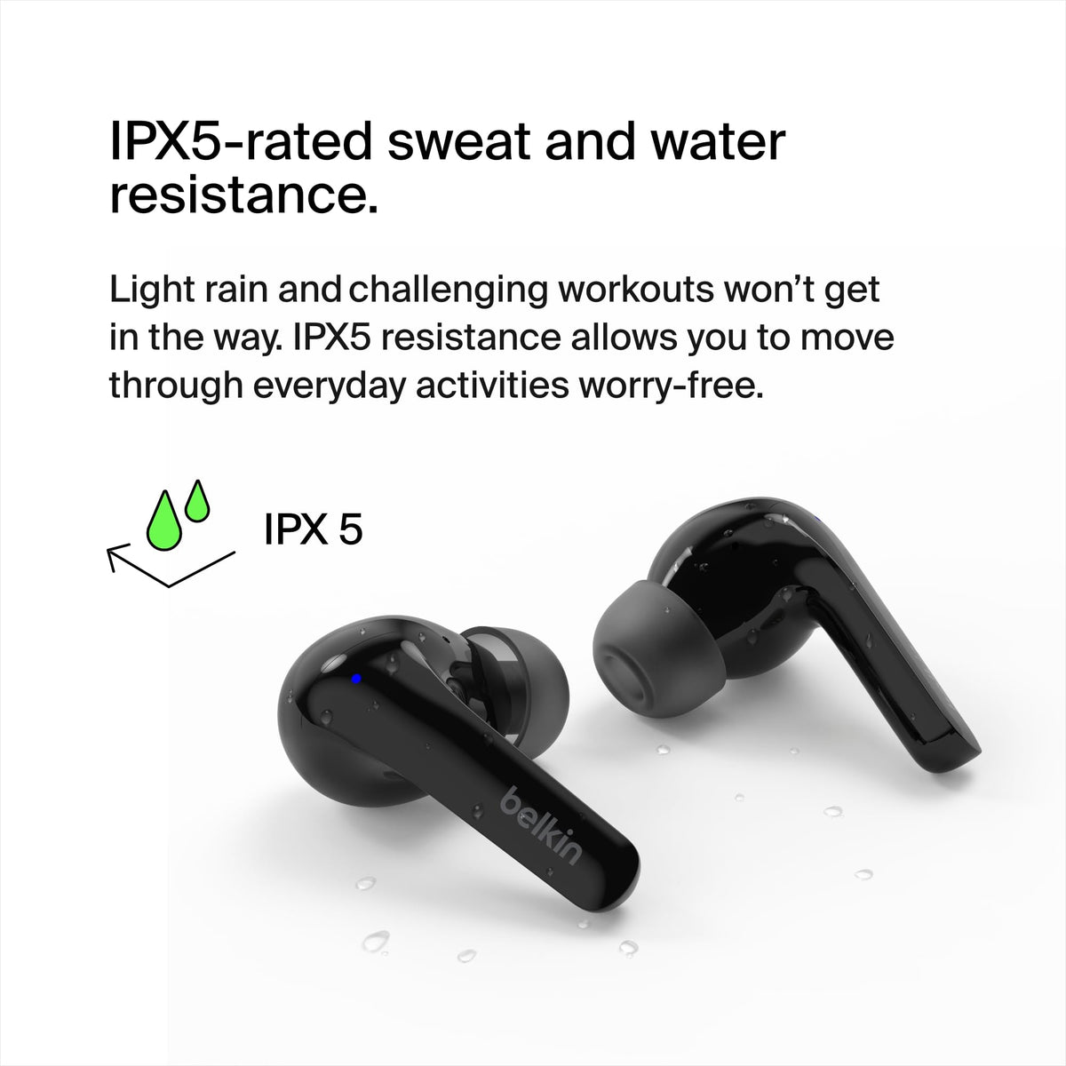 Belkin SoundForm Motion True Wireless Earbuds with Wireless Charging Case & Dual Microphone - IPX5 Water Resistant, Bluetooth Headphones for iPhone 16 & Galaxy 25 - Black