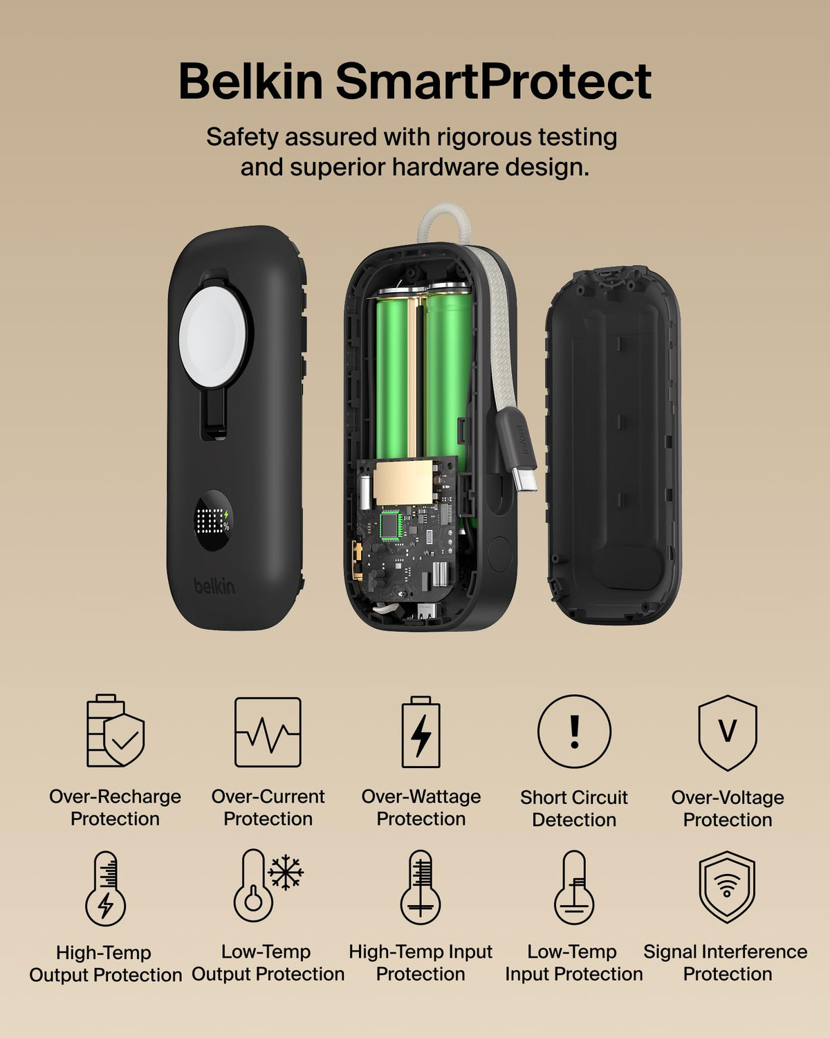 Belkin BoostCharge Pro 10000mAh Power Bank with Apple Watch Charger, Portable Charger with Integrated Braided USB C Cable and Digital Display, 45W, Battery Pack for Charging 3-Devices - Black