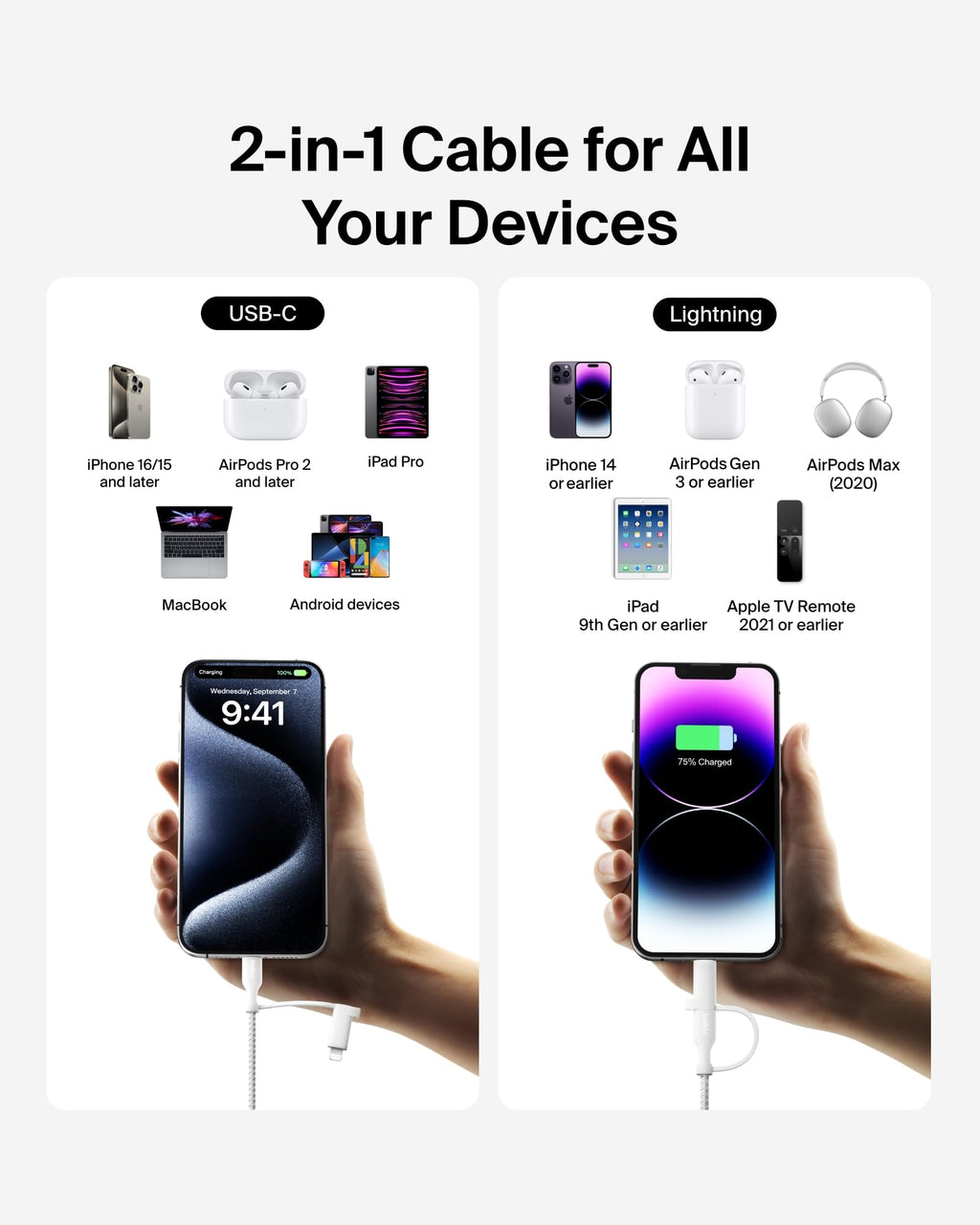 Belkin 2-in-1 Charging Cable with USB-C & Lightning Connector - Braided Fast-Charging Cable, USB-C to USB-C & Lightning Charger Cord, Multi-Charging Combo for Apple iPhone, iPad, Samsung, More - White
