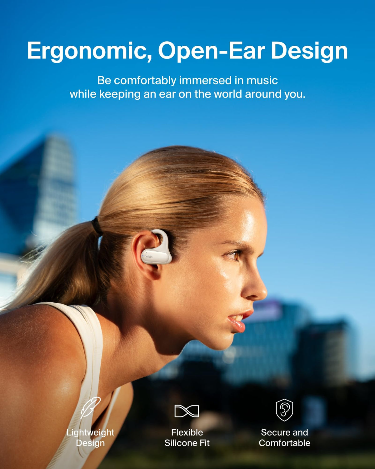 Belkin SoundForm ClearFit Open-Ear Headphones, lightweight wireless earphones with ENC, Bluetooth earbuds with ear hooks, clear calls, 26H playtime, IPX5 running and gym headphones for sports - Sand