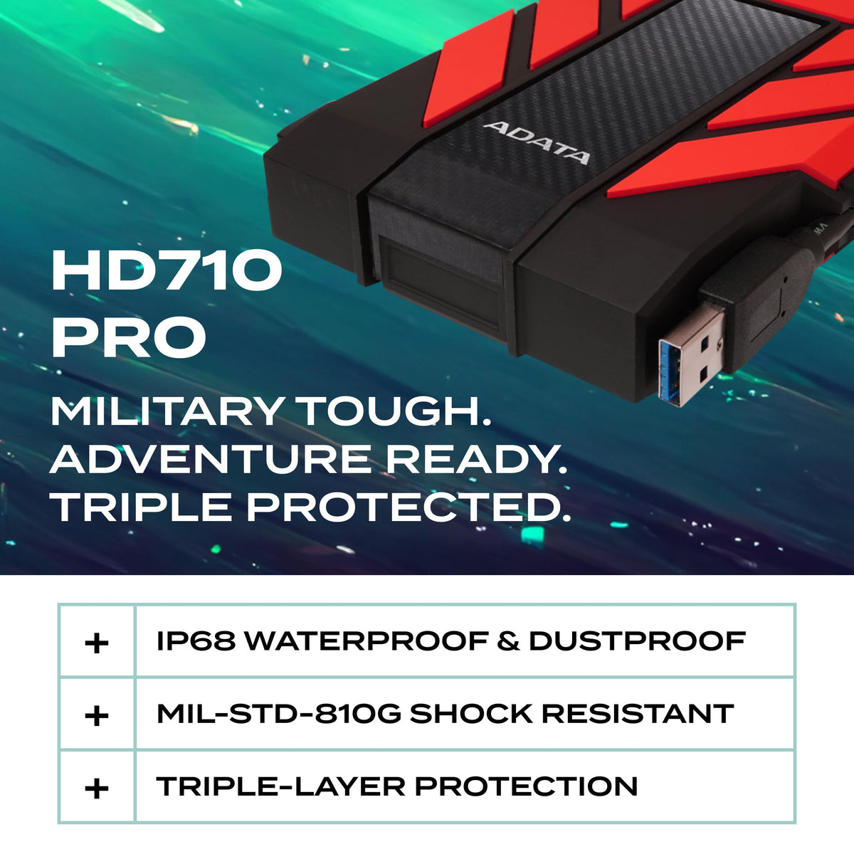 ADATA HD710 Pro 2TB HDD, USB 3.1, IP68 Waterproof/Shockproof/Dustproof Ruggedized External Hard Drive, Red (AHD710P-2TU31-CR)