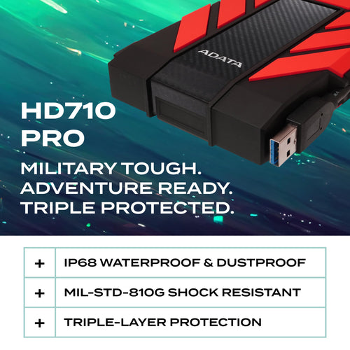 ADATA HD710 Pro 2TB HDD, USB 3.1, IP68 Waterproof/Shockproof/Dustproof Ruggedized External Hard Drive, Red (AHD710P-2TU31-CR)