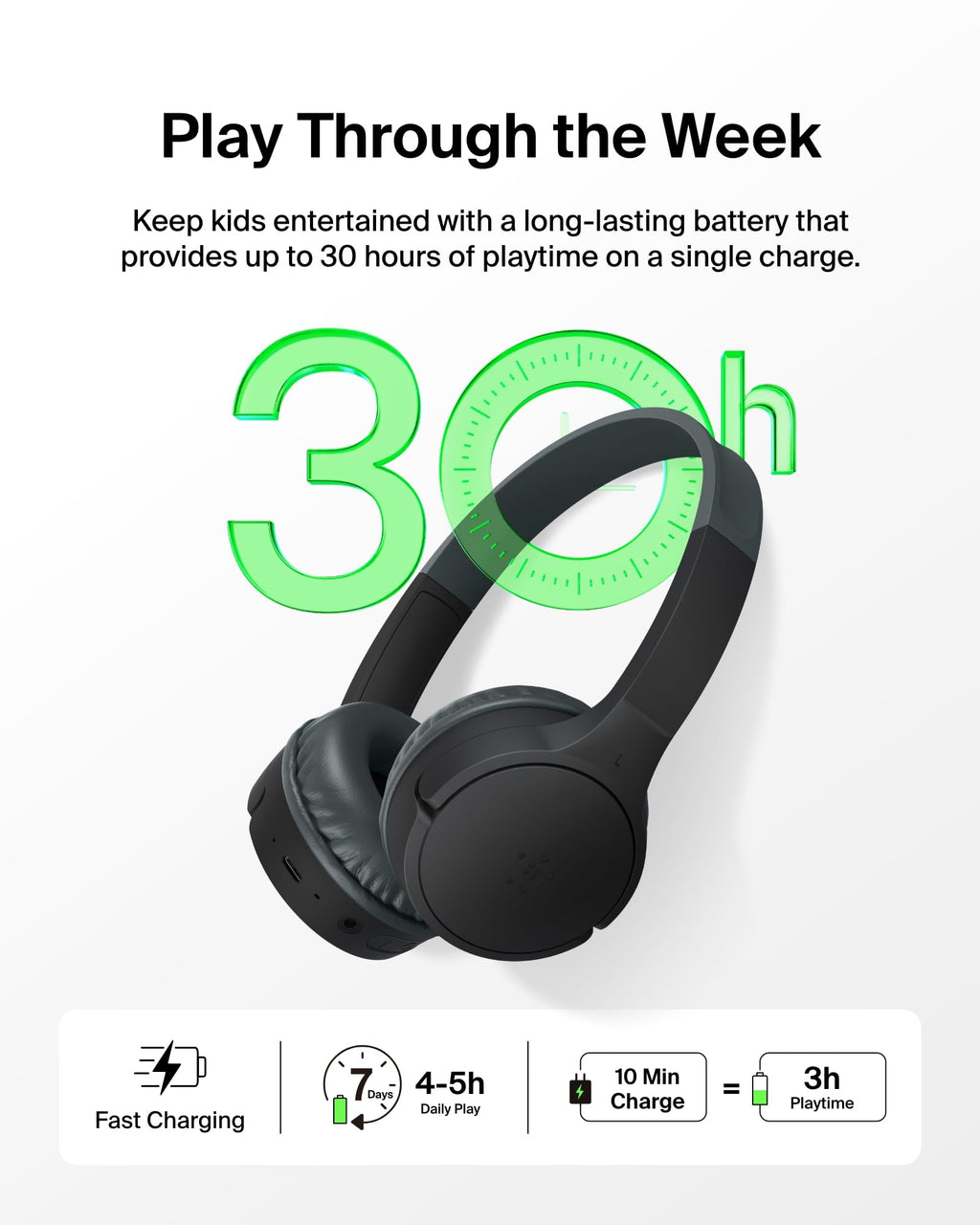 Belkin SoundForm Mini Kids Wireless Headphones with Microphone - Black
