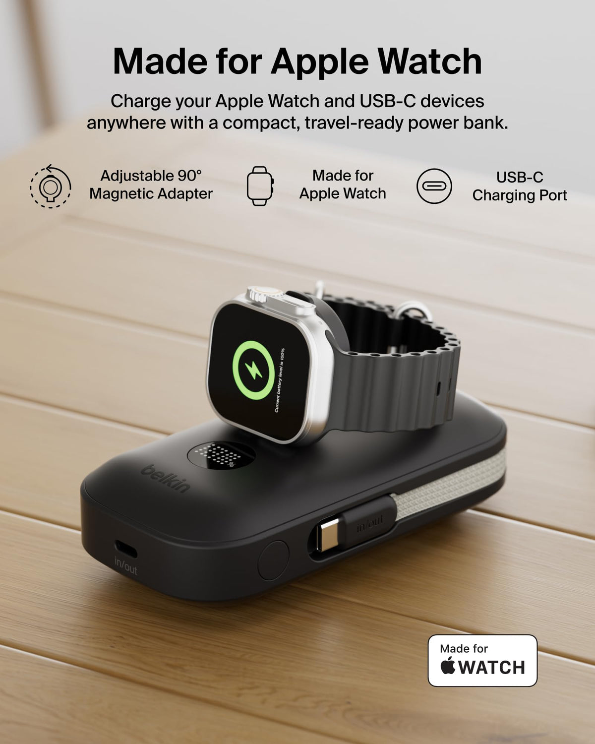 Belkin BoostCharge Pro 10000mAh Power Bank with Apple Watch Charger, Portable Charger with Integrated Braided USB C Cable and Digital Display, 45W, Battery Pack for Charging 3-Devices - Black