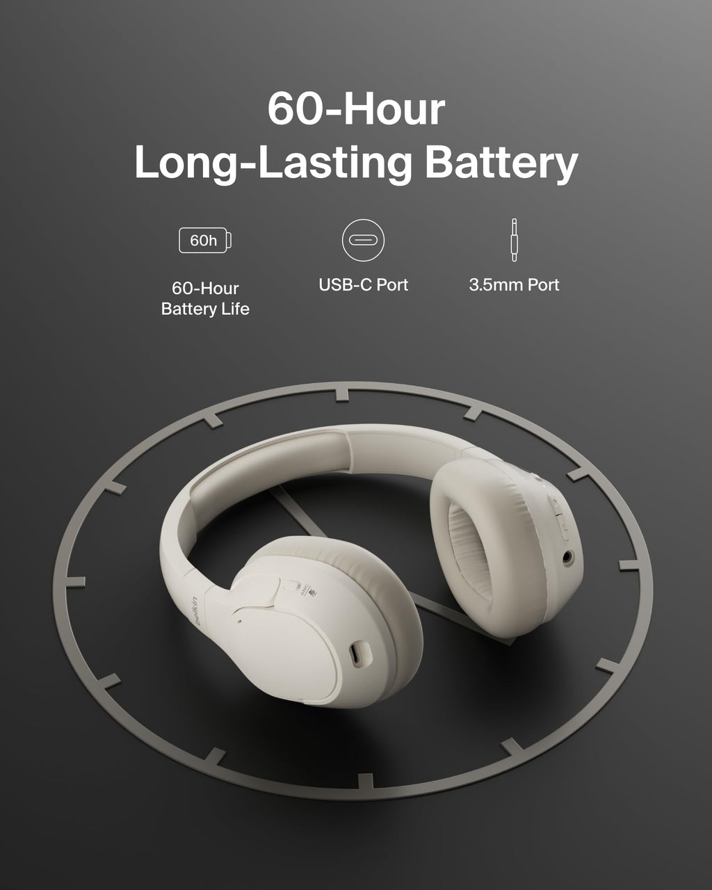 Belkin SoundForm Isolate Noise-Cancelling Wireless Headphones, over ear headphones with mic, Bluetooth headphones with 60H playtime, deep bass, CloudCushion ear cups for travel, home, office - Beige