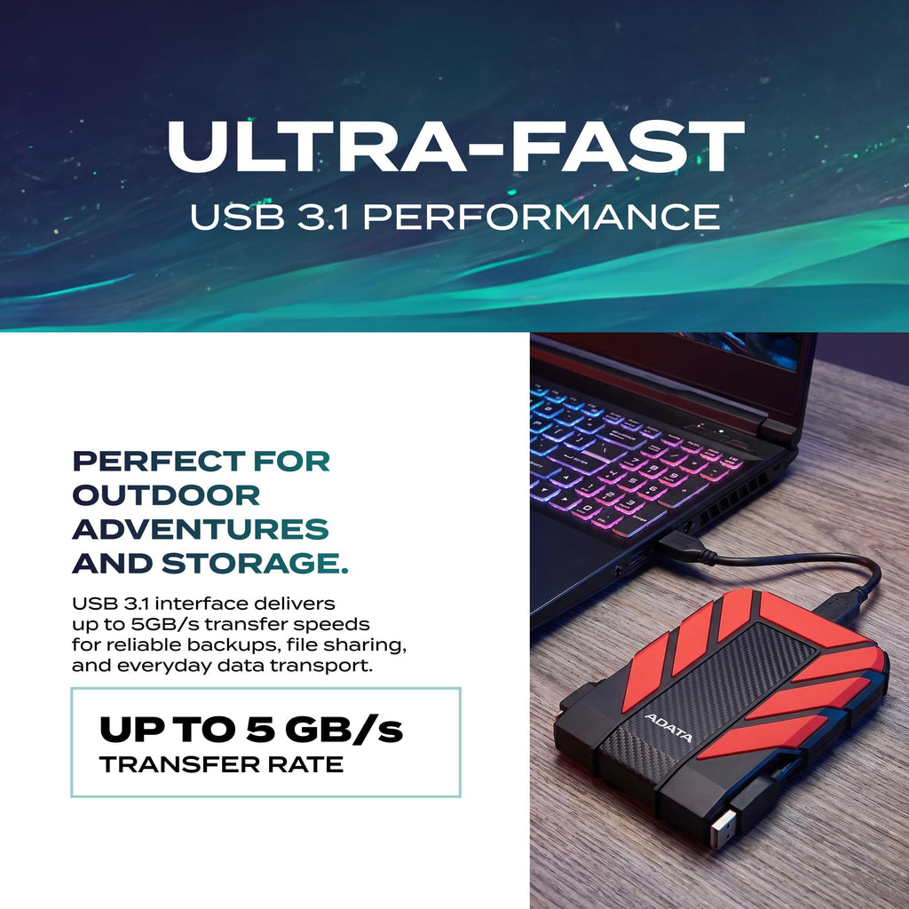 ADATA HD710 Pro 2TB HDD, USB 3.1, IP68 Waterproof/Shockproof/Dustproof Ruggedized External Hard Drive, Red (AHD710P-2TU31-CR)