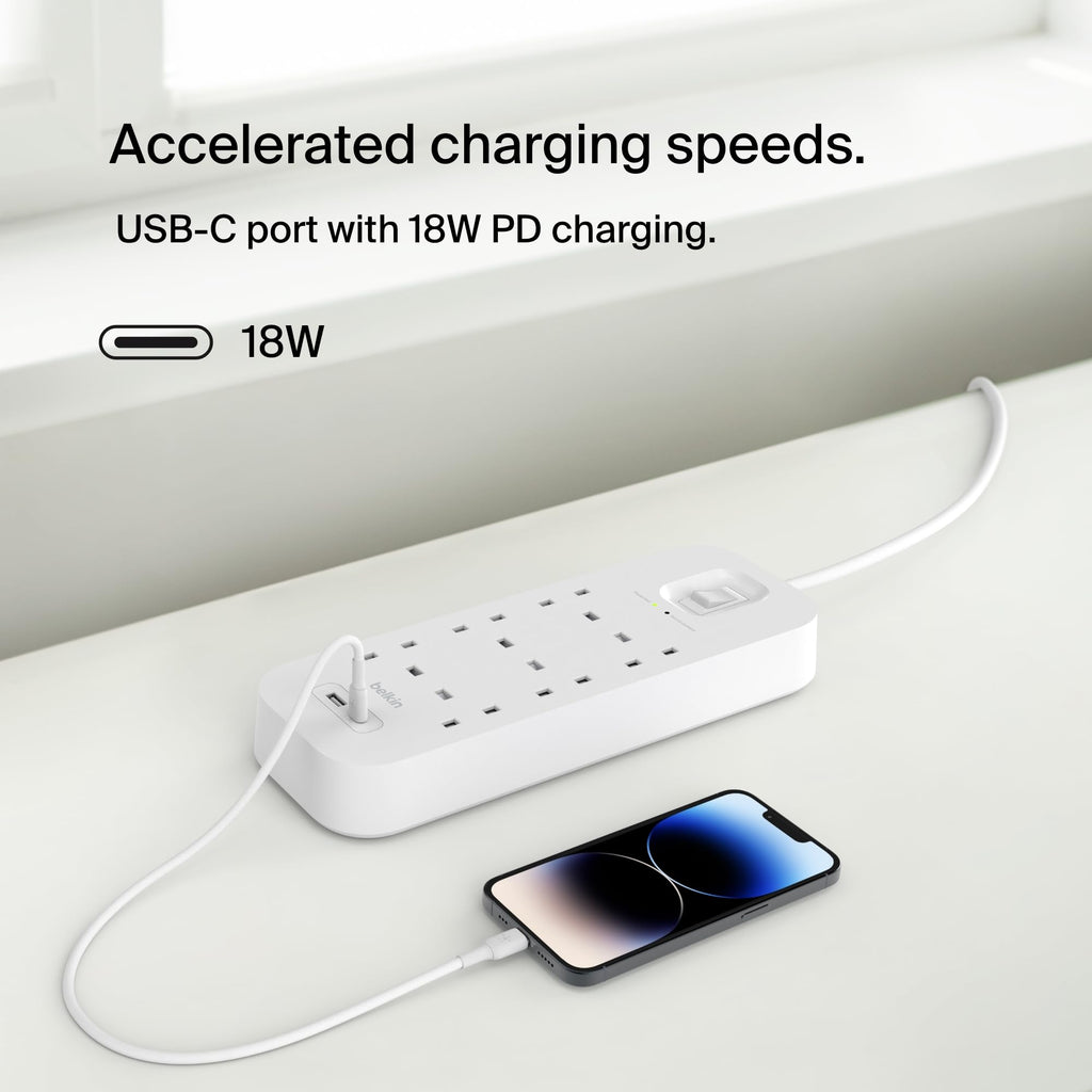 Belkin 6-Outlet Surge Protector Power Strip with USB-C and A Ports, 2m Cord