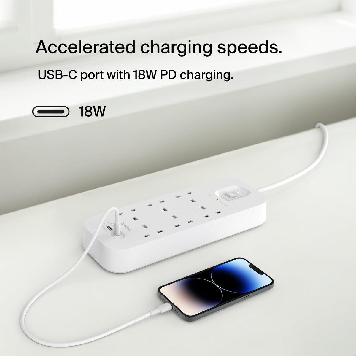 Belkin 6-Outlet Surge Protector Power Strip with USB-C and A Ports, 2m Cord