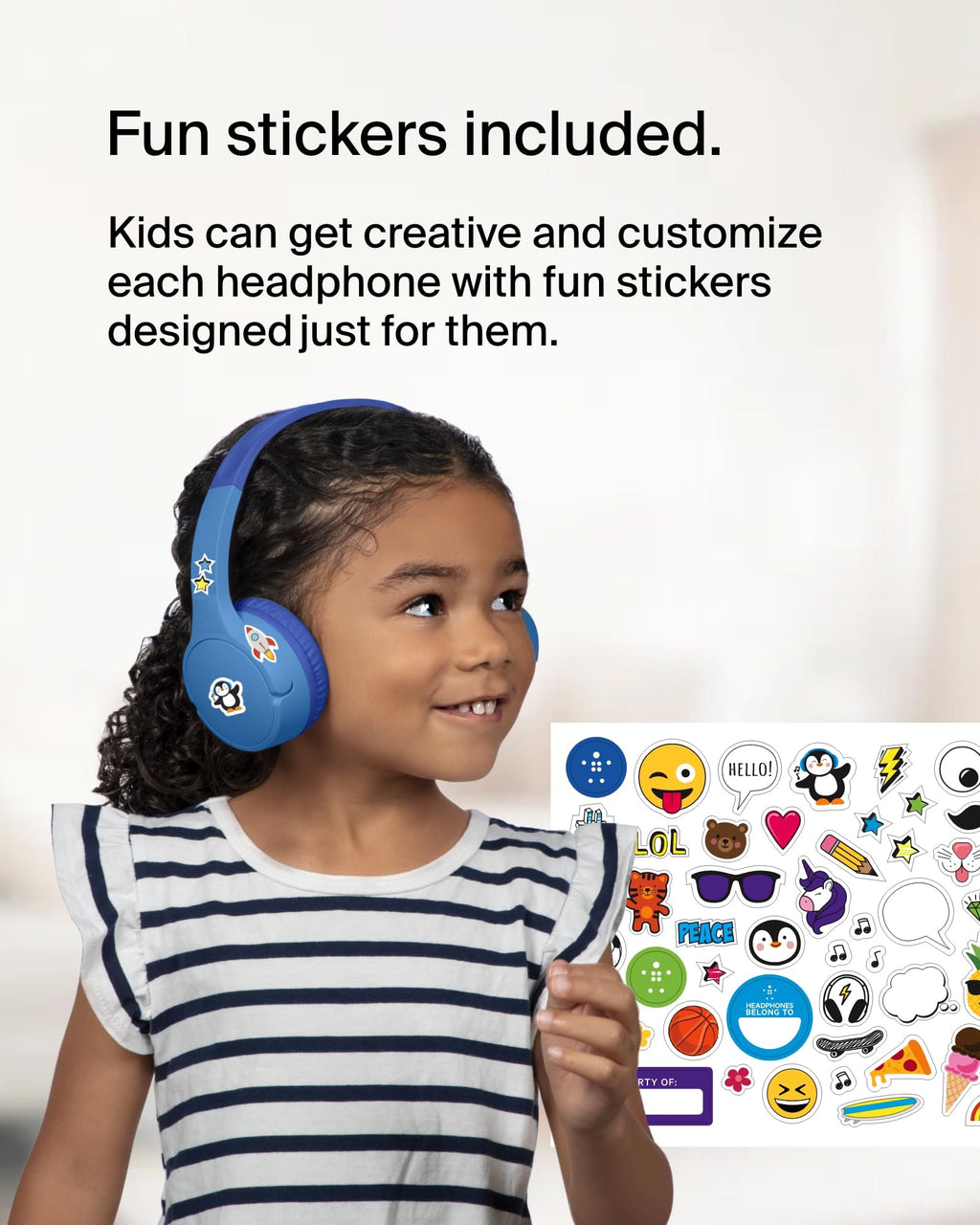 Belkin SoundForm Mini Kids Wireless Headphones with Built-In Microphone, 30H of Playback Time, & Fun Stickers - Over-Ear Headsets for Online Learning, School, Travel, iPhone, iPad, Galaxy - Blue
