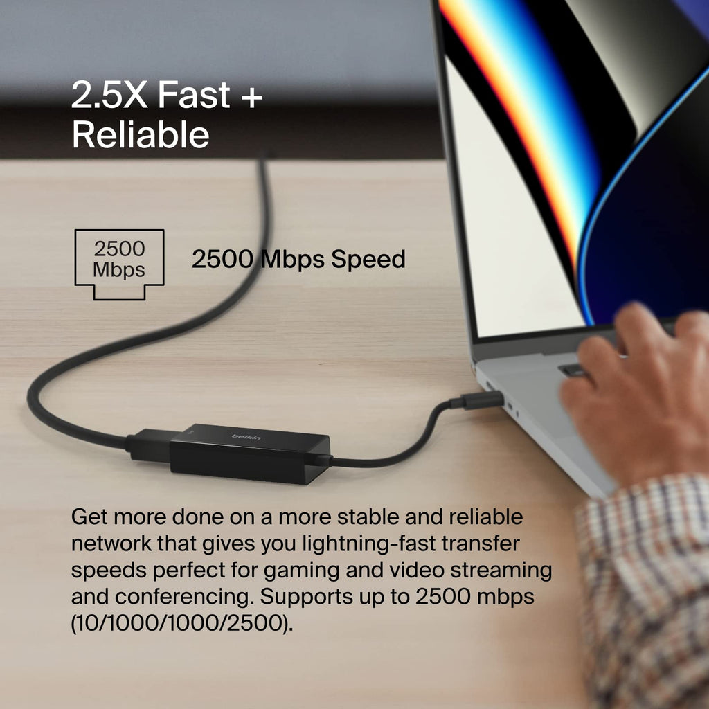 Belkin USB Type C to 2.5 Gb Ethernet Adapter, USB-IF Certified Thunderbolt 3 & 4 / USB-C to LAN Network Adapter Compatible with MacBook Pro/Air, iPad Pro, XPS, Surface, and Other USB-C Devices