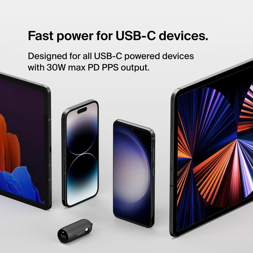 Belkin BoostCharge 30W Fast Car Charger With USB-C Power Delivery Port, Compact Design, Cable Included, Universal Compatibility for iPhone 16, 15, Galaxy S23, Note and More - Black