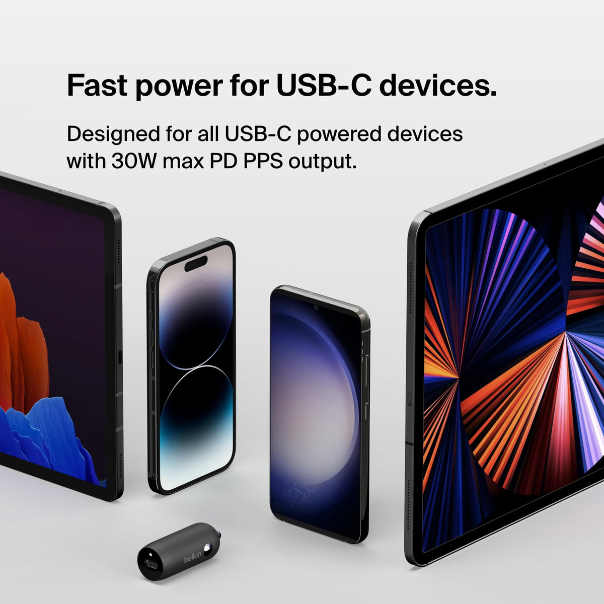 Belkin BoostCharge 30W Fast Car Charger With USB-C Power Delivery Port, Compact Design, Cable Included, Universal Compatibility for iPhone 16, 15, Galaxy S23, Note and More - Black